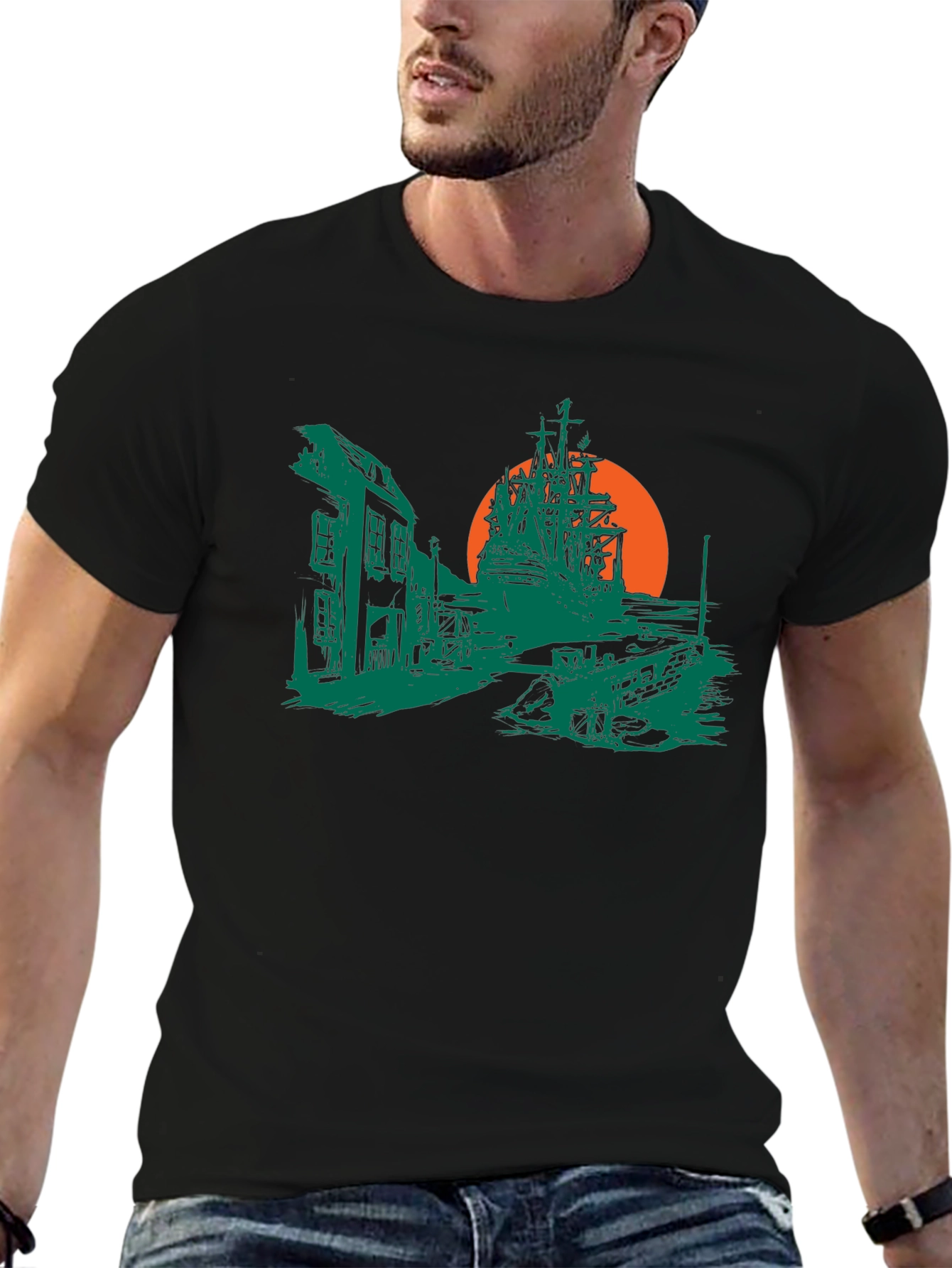 Pirate Ship Graphic T-Shirt - Black Cotton Tee