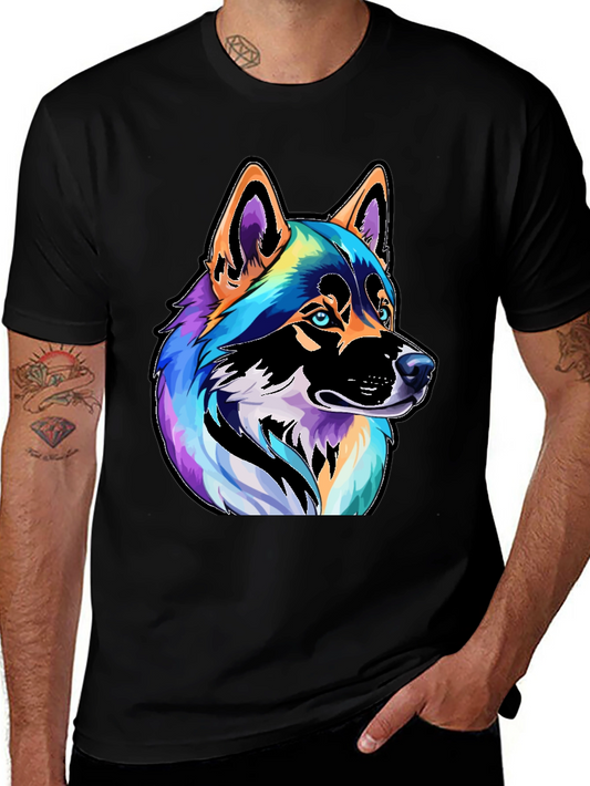 Colorful Husky Dog Graphic Tee - Black