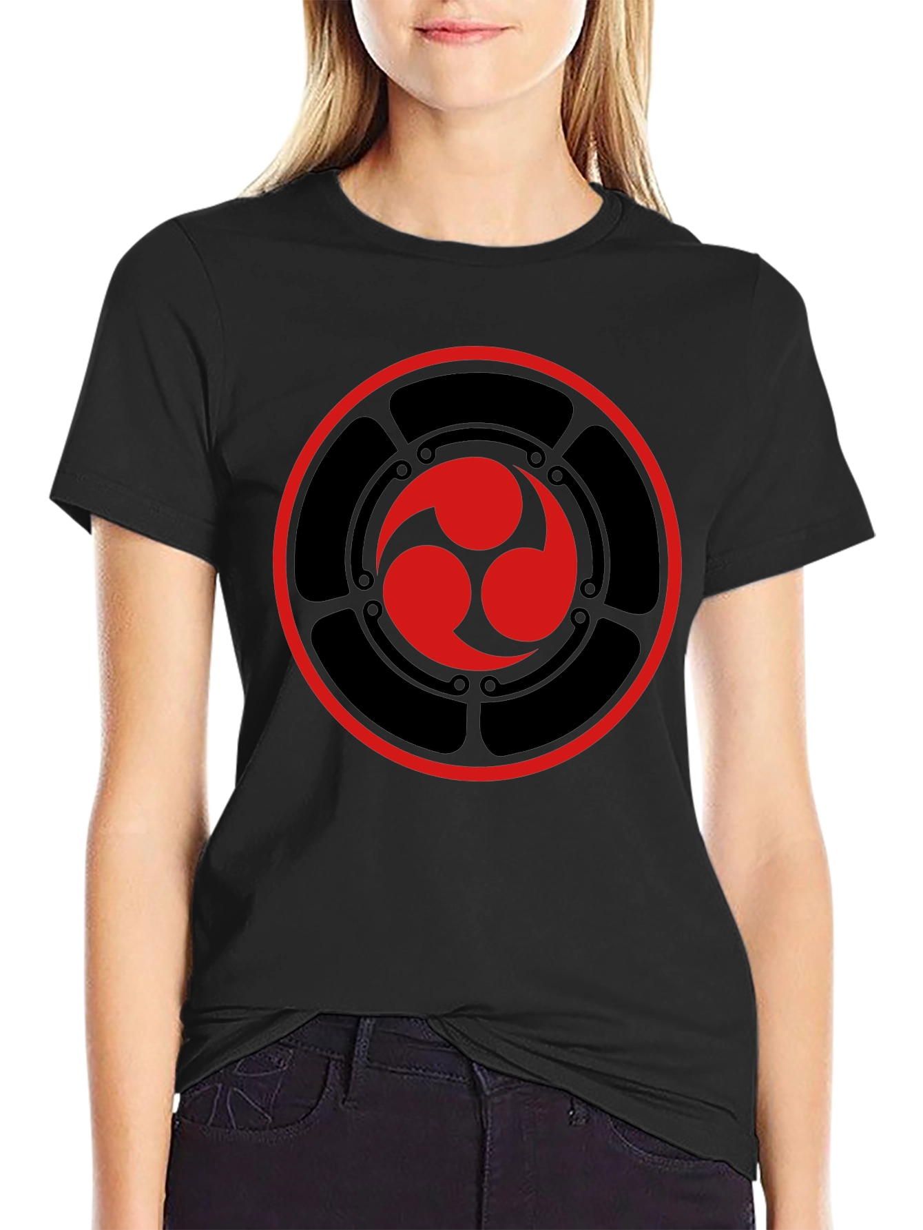 Black T-Shirt with Red Tomoe Design
