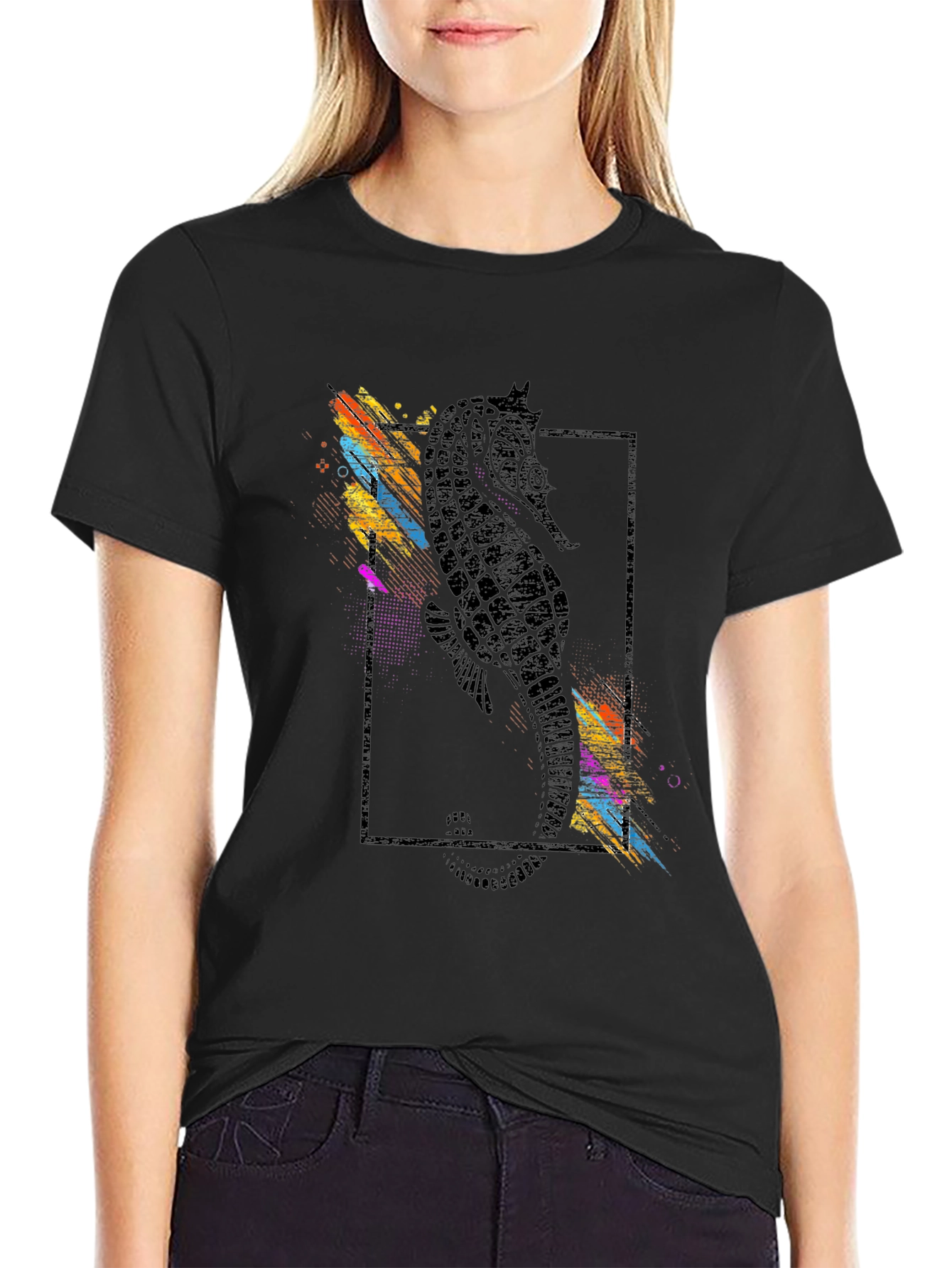 Seahorse Graphic Print Black T-Shirt