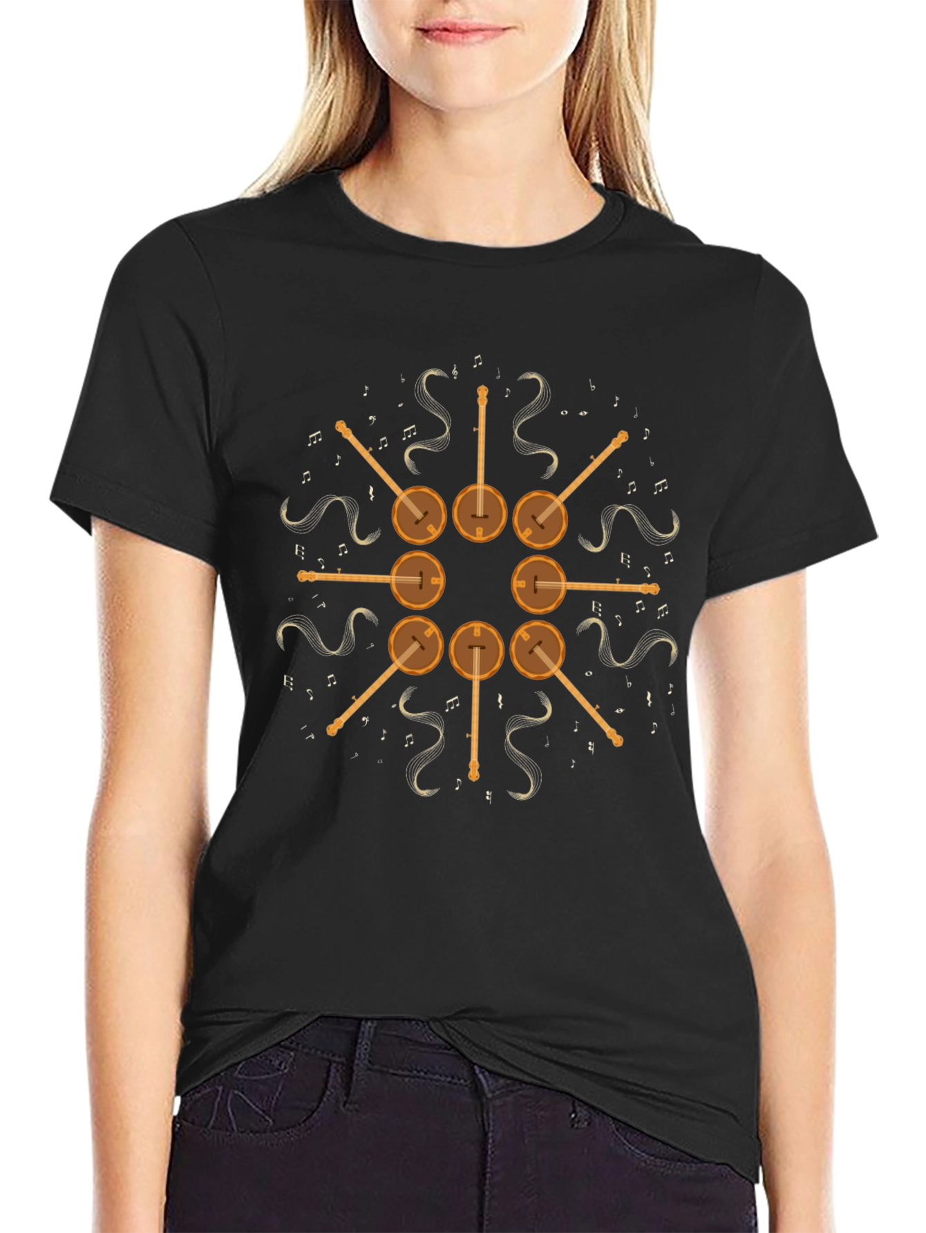 Banjo Music Note Graphic Tee - Black