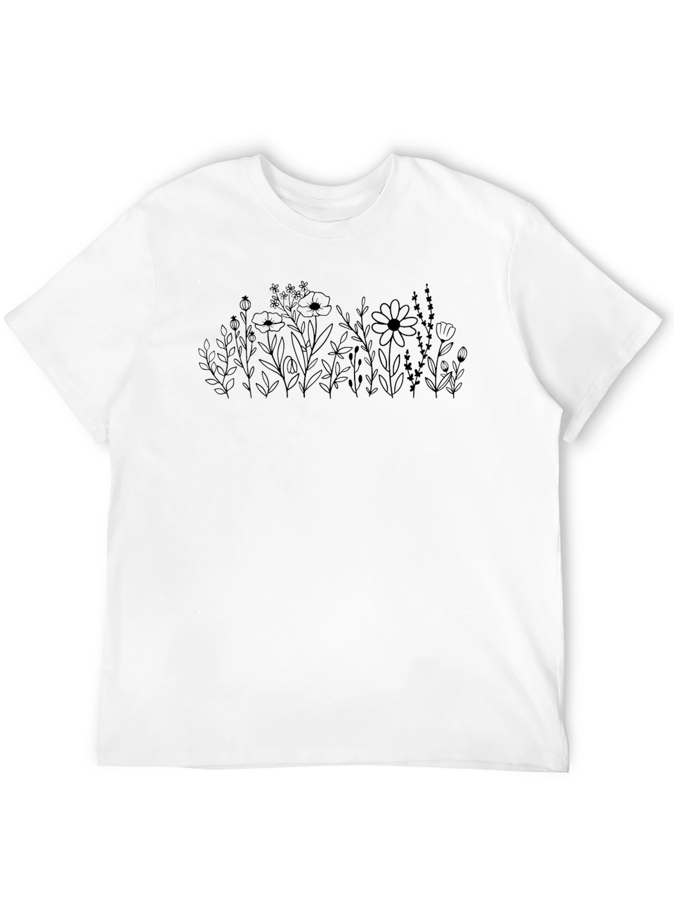 Mens Black Floral Line Art T-Shirt