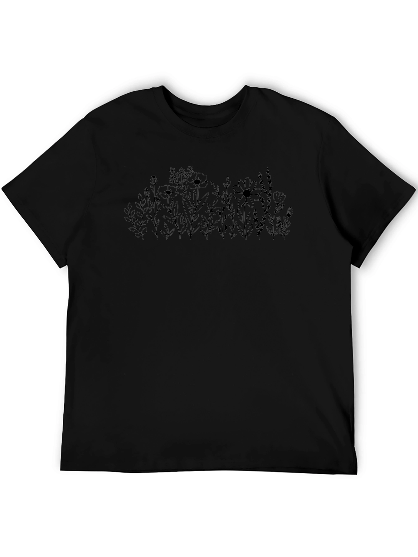 Mens Black Floral Line Art T-Shirt