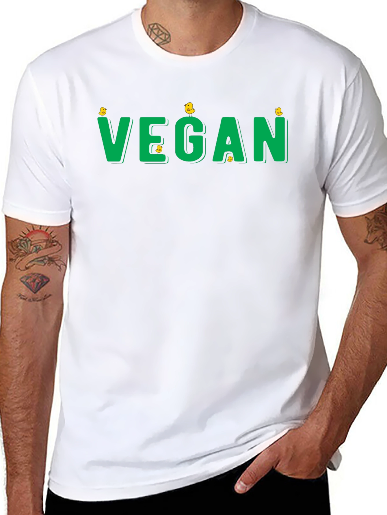 Vegan T-Shirt - Green Text with Chick Accents