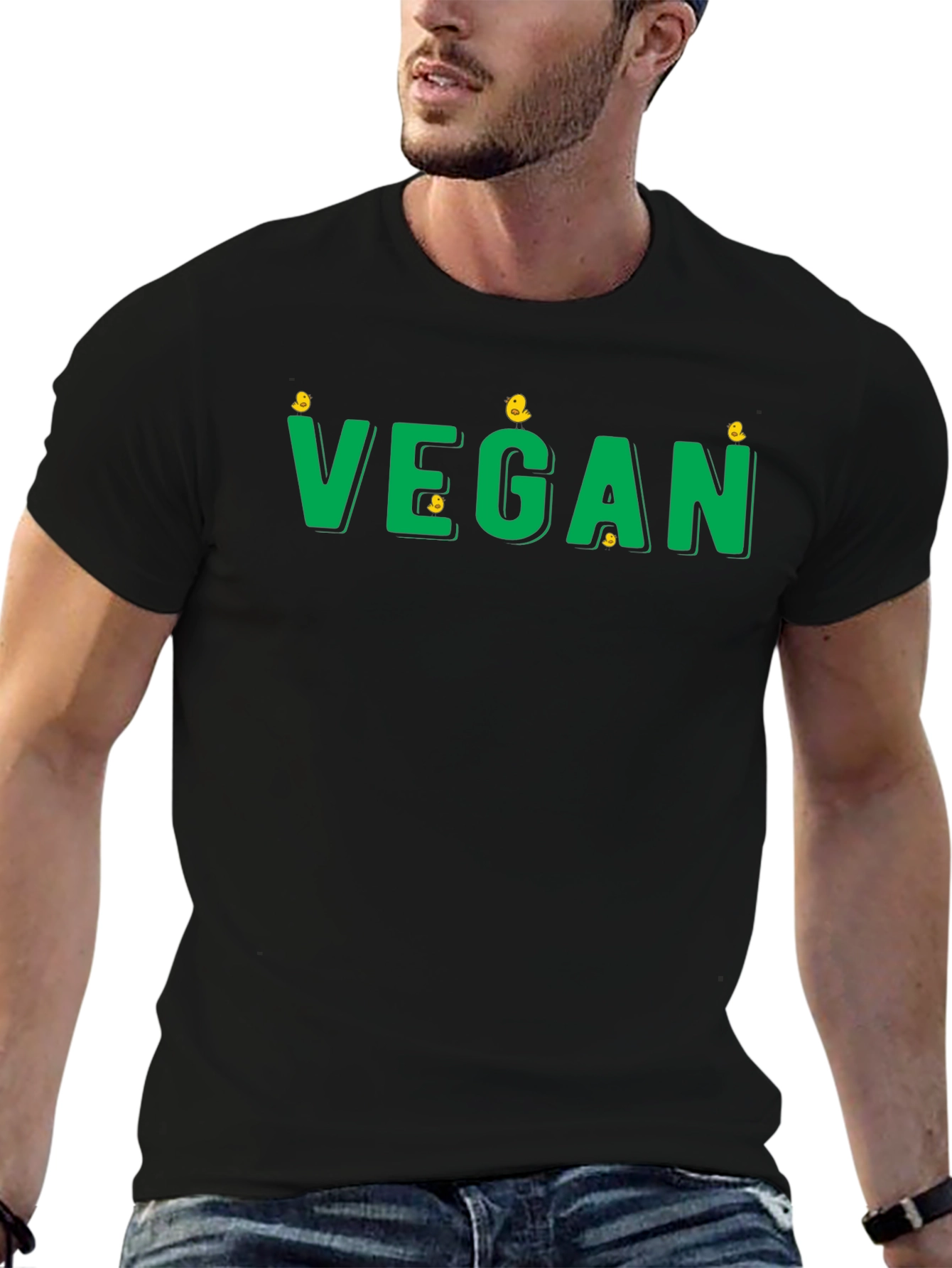 Vegan T-Shirt - Green Text with Chick Accents
