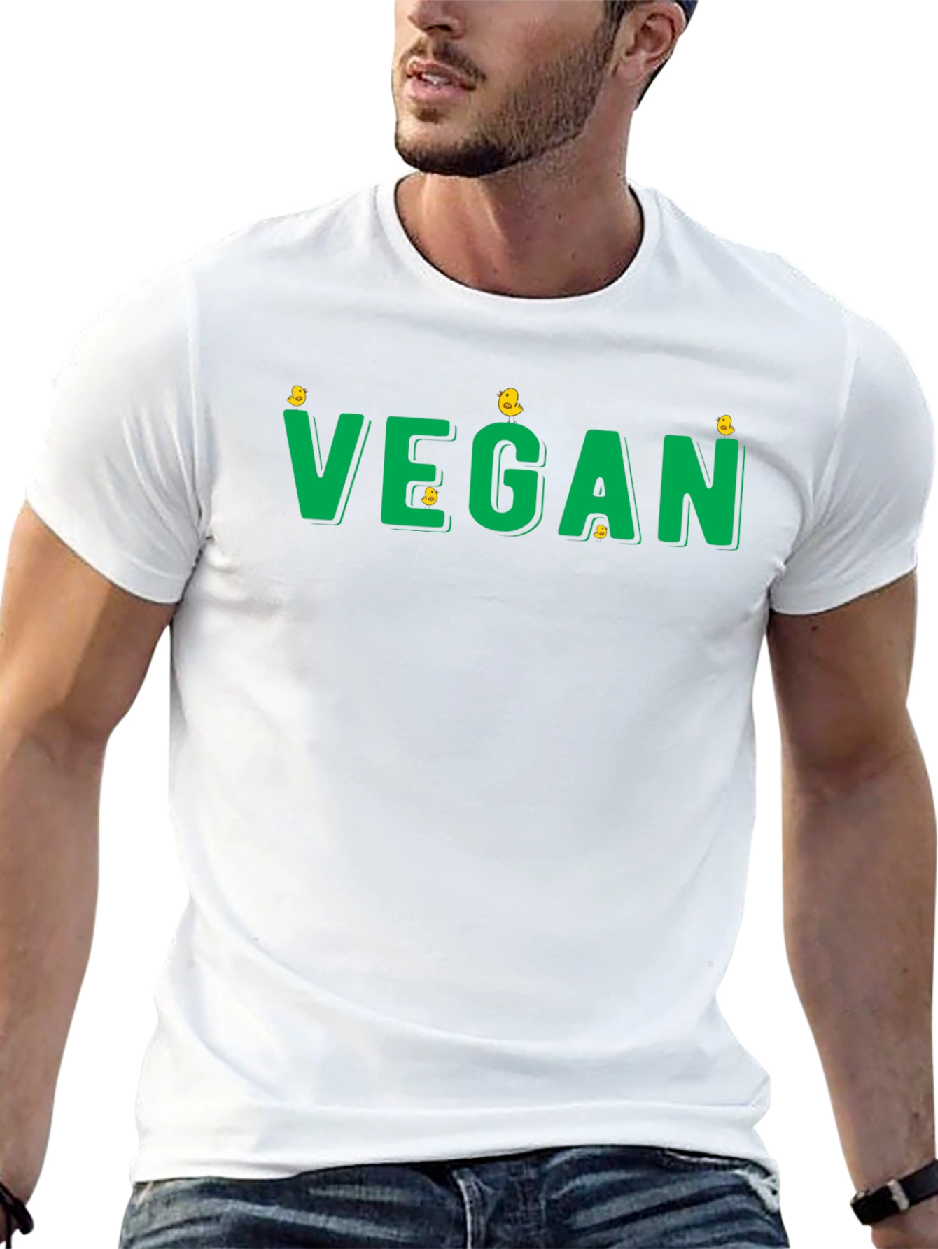 Vegan T-Shirt - Green Text with Chick Accents