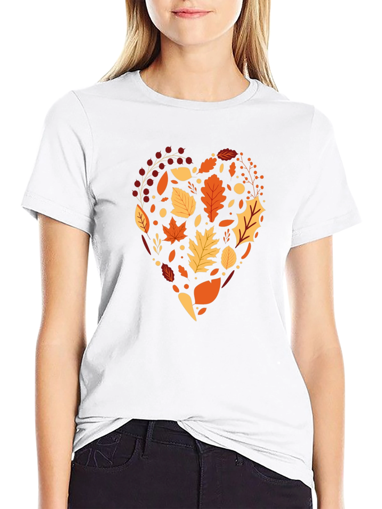 Autumn Leaves Heart Graphic Black T-Shirt