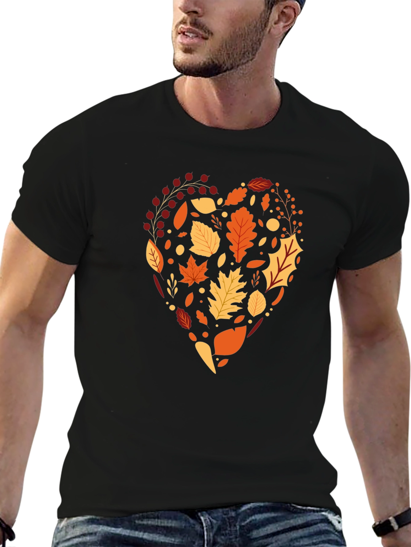 Autumn Leaves Heart Graphic Black T-Shirt