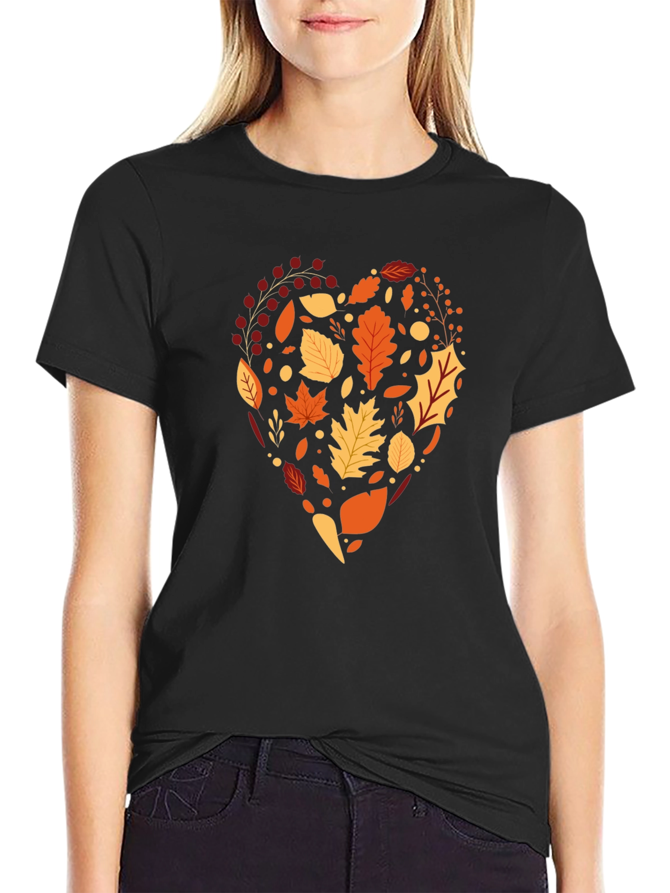 Autumn Leaves Heart Graphic Black T-Shirt