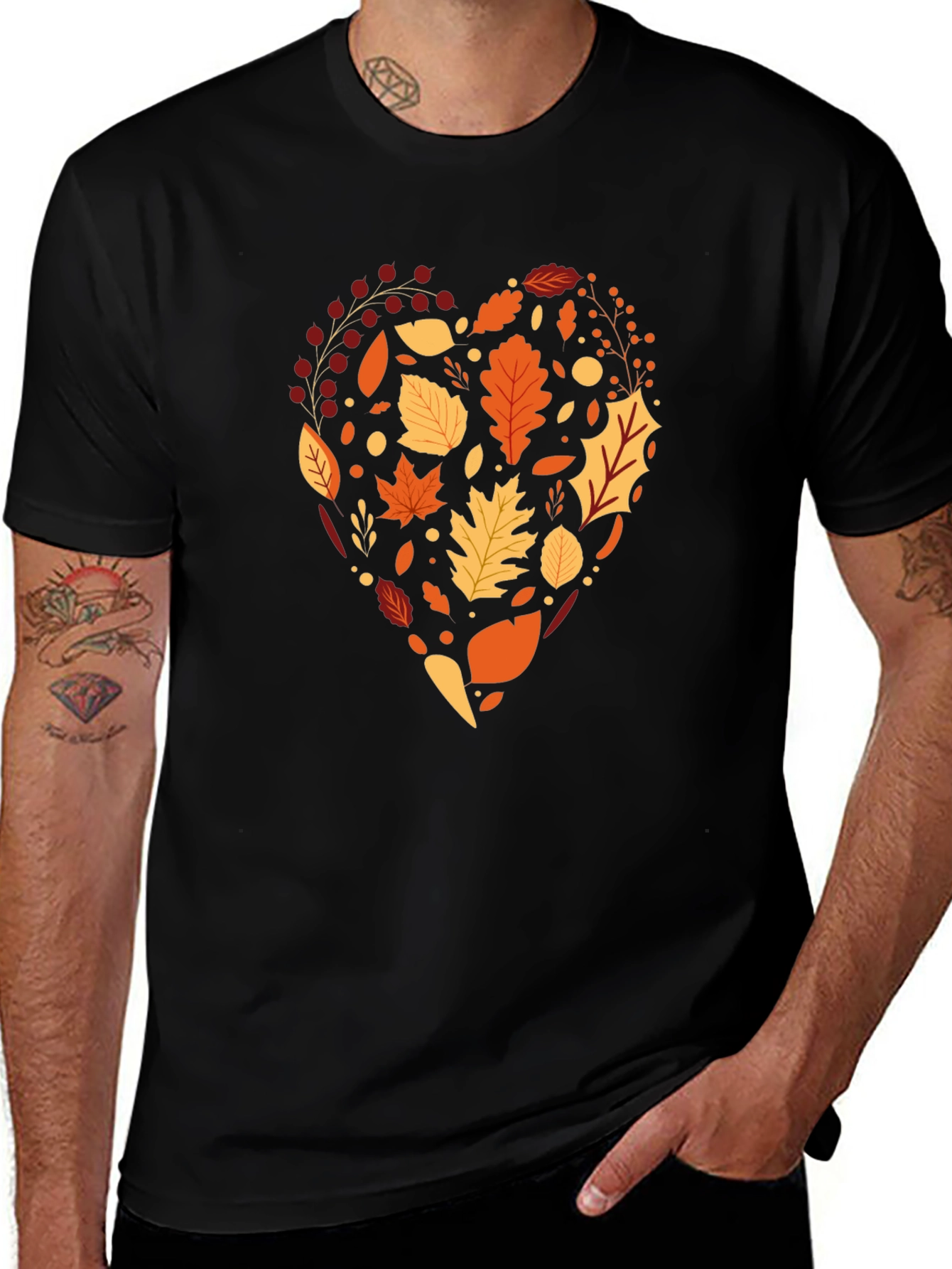 Autumn Leaves Heart Graphic Black T-Shirt