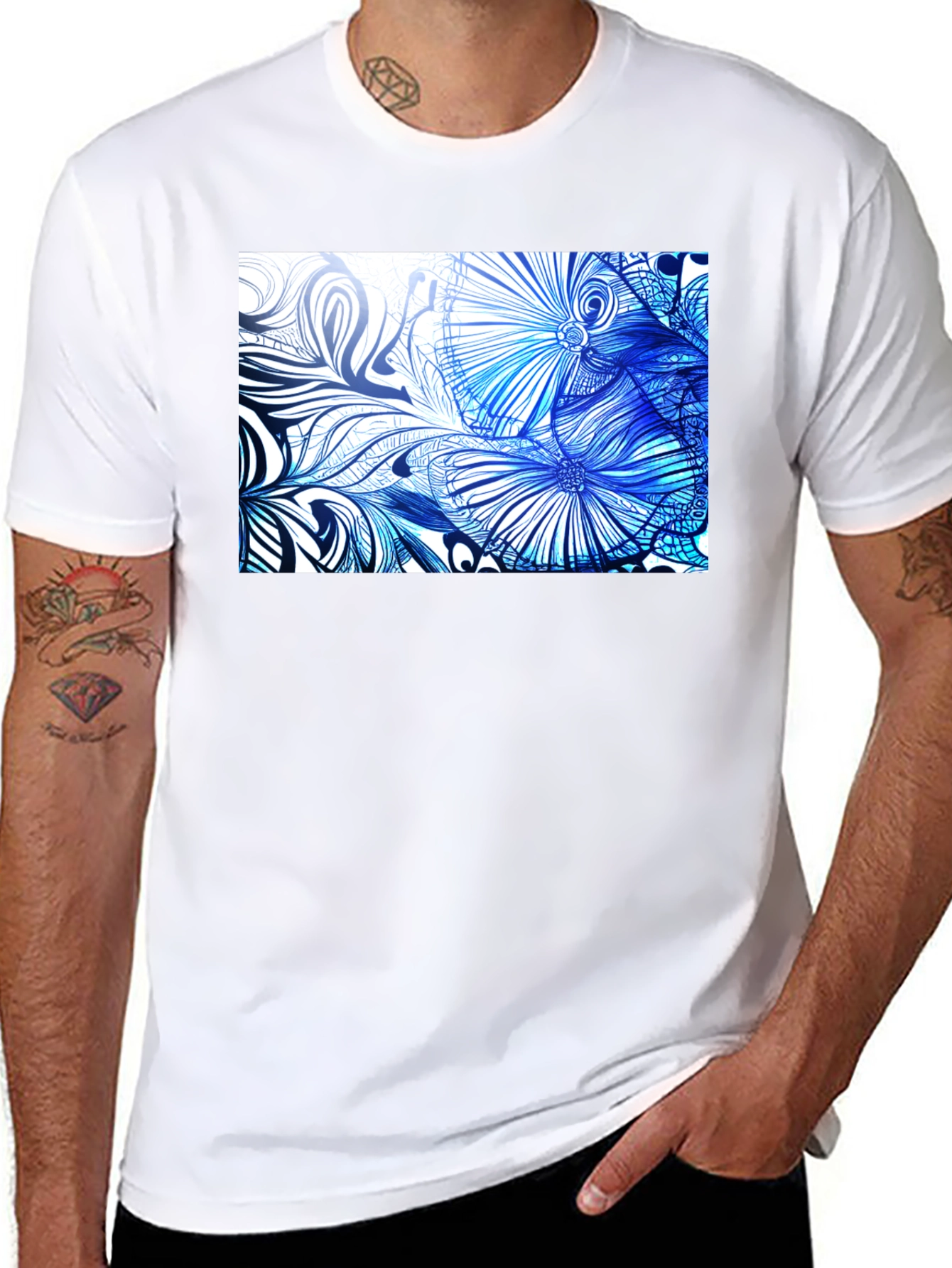 Blue Floral Art Black T-Shirt