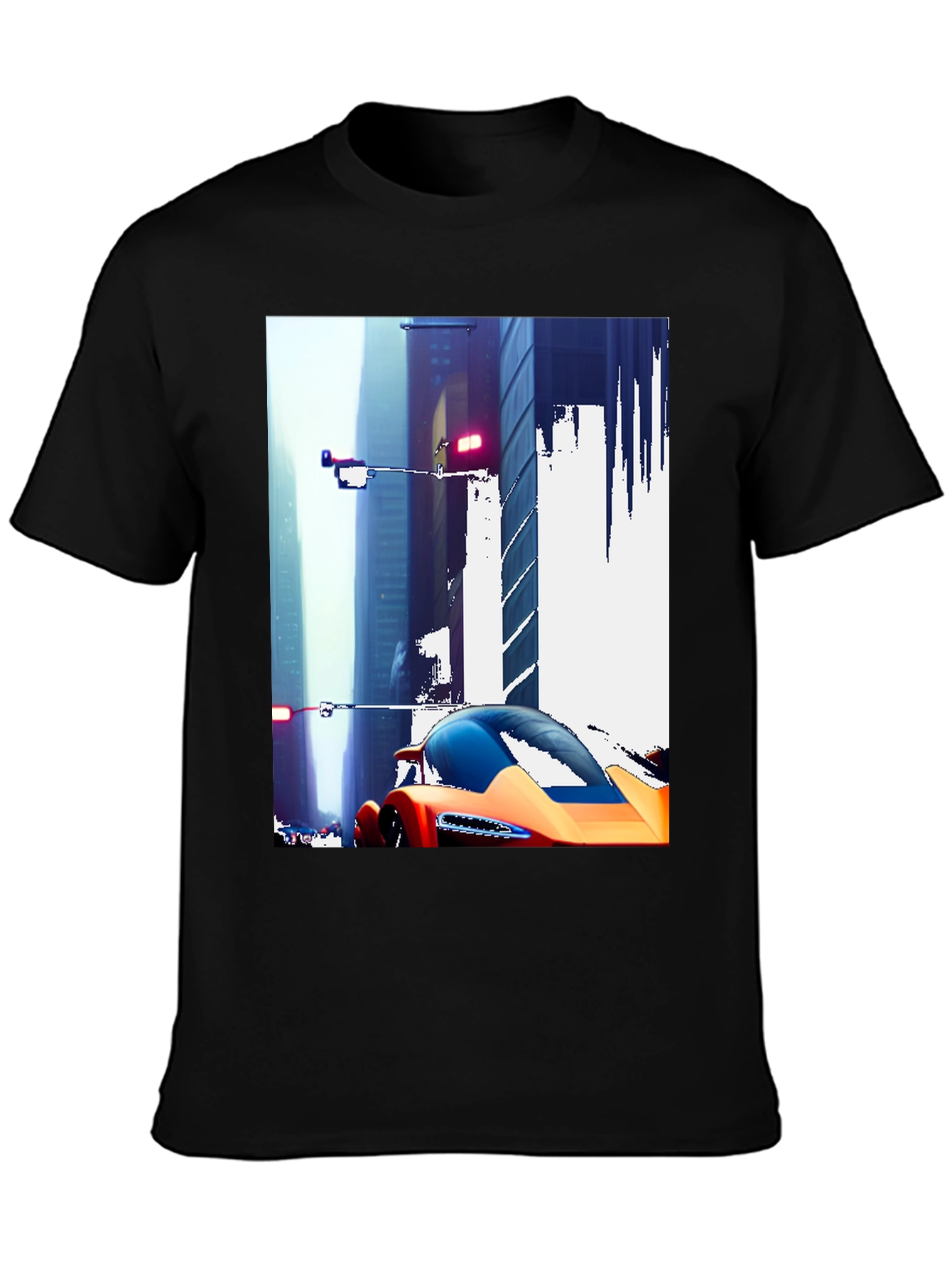 Futuristic Car Cityscape Graphic Black T-Shirt