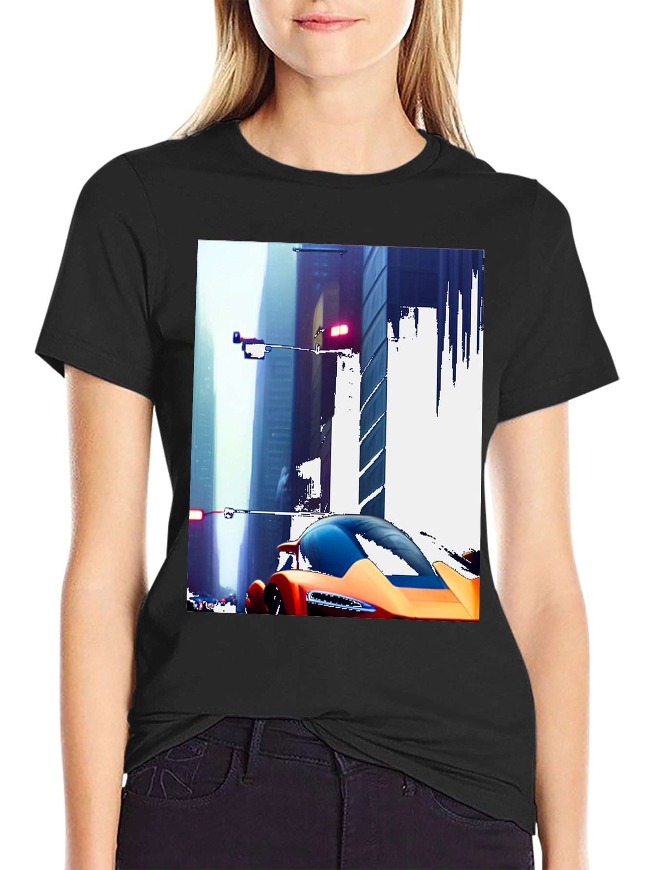 Futuristic Car Cityscape Graphic Black T-Shirt