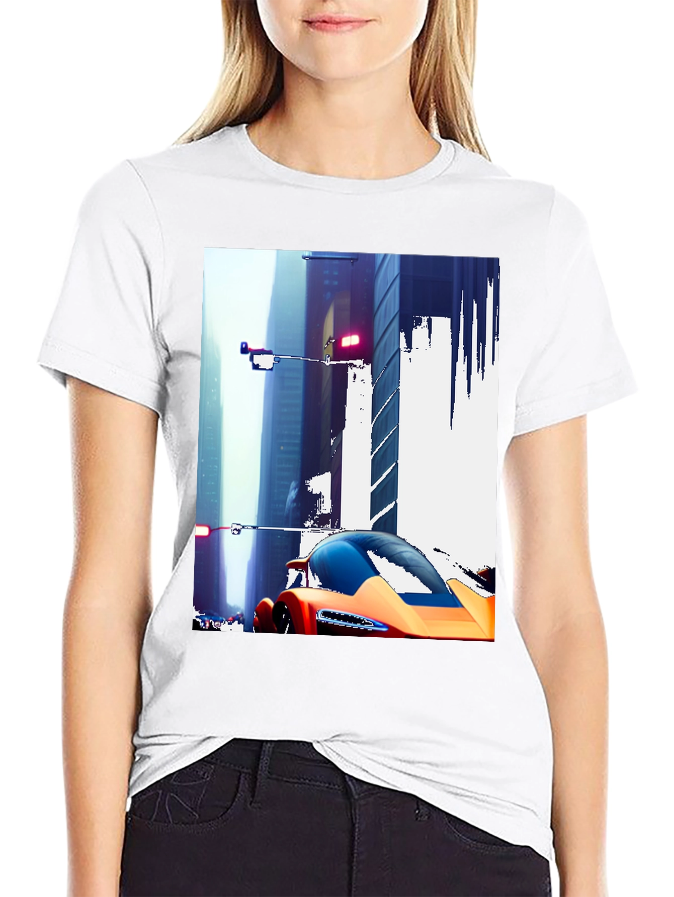 Futuristic Car Cityscape Graphic Black T-Shirt