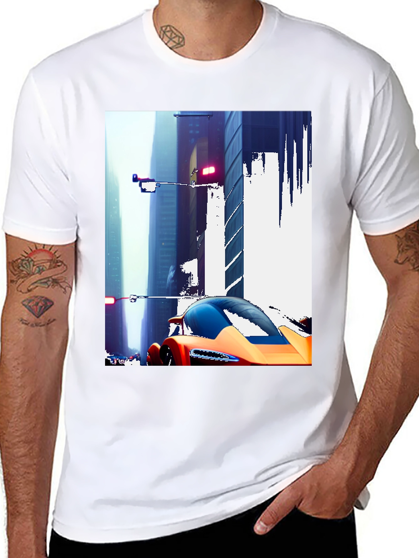 Futuristic Car Cityscape Graphic Black T-Shirt