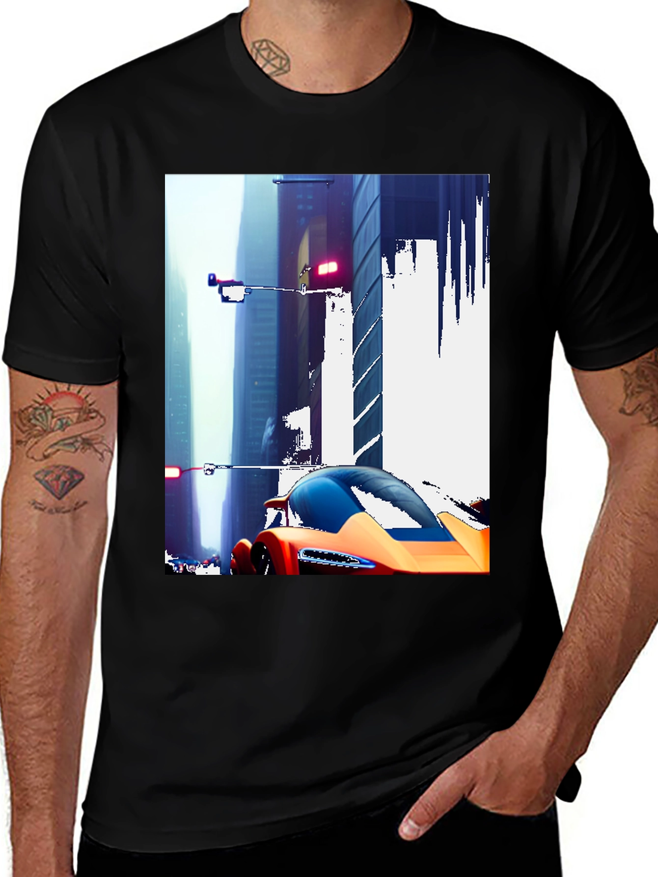 Futuristic Car Cityscape Graphic Black T-Shirt