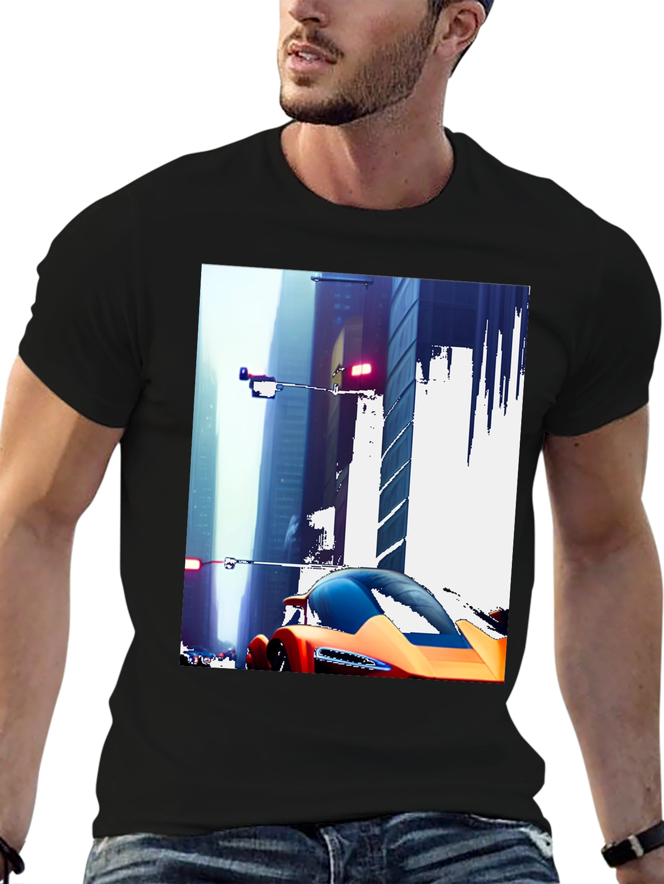 Futuristic Car Cityscape Graphic Black T-Shirt