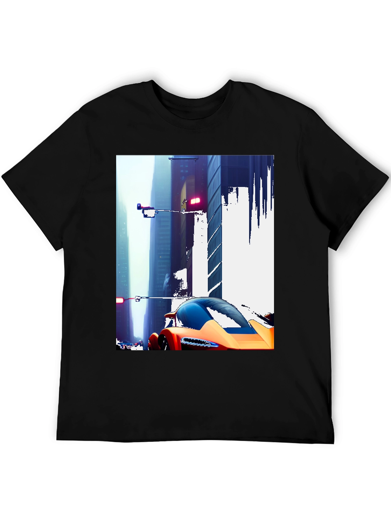 Futuristic Car Cityscape Graphic Black T-Shirt