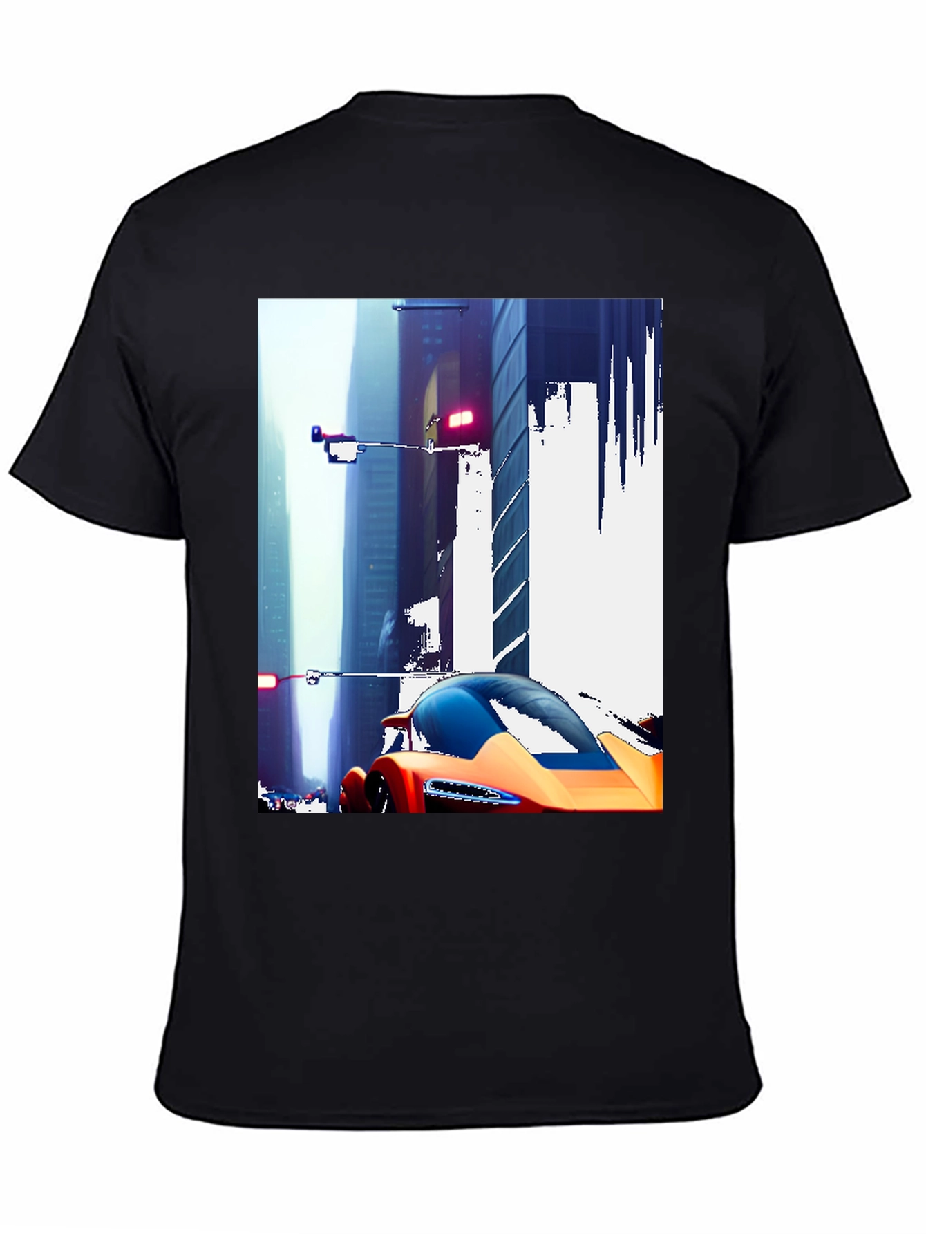 Futuristic Car Cityscape Graphic Black T-Shirt