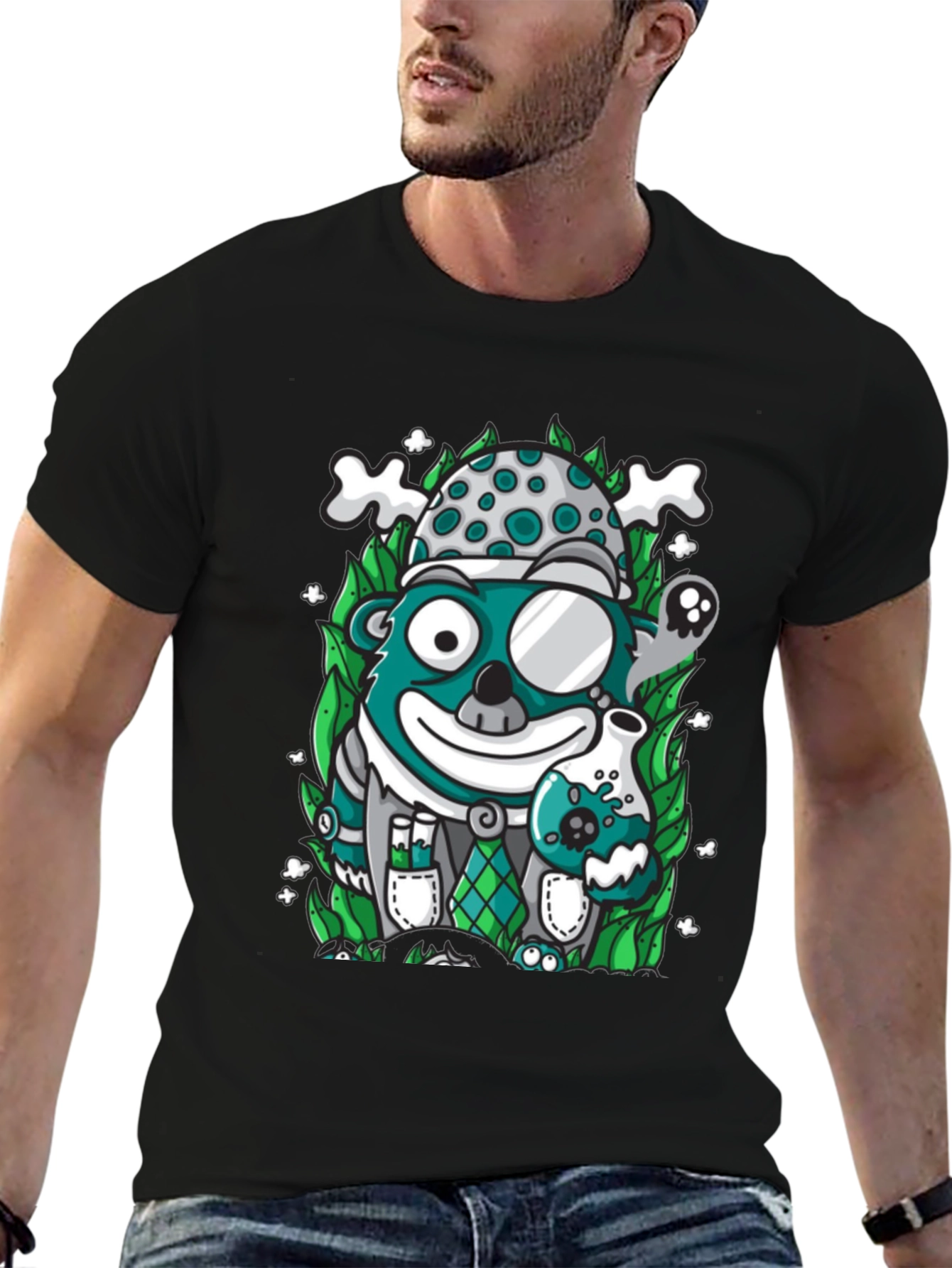 Mad Scientist Bear Graphic Tee - Quirky Black T-Shirt