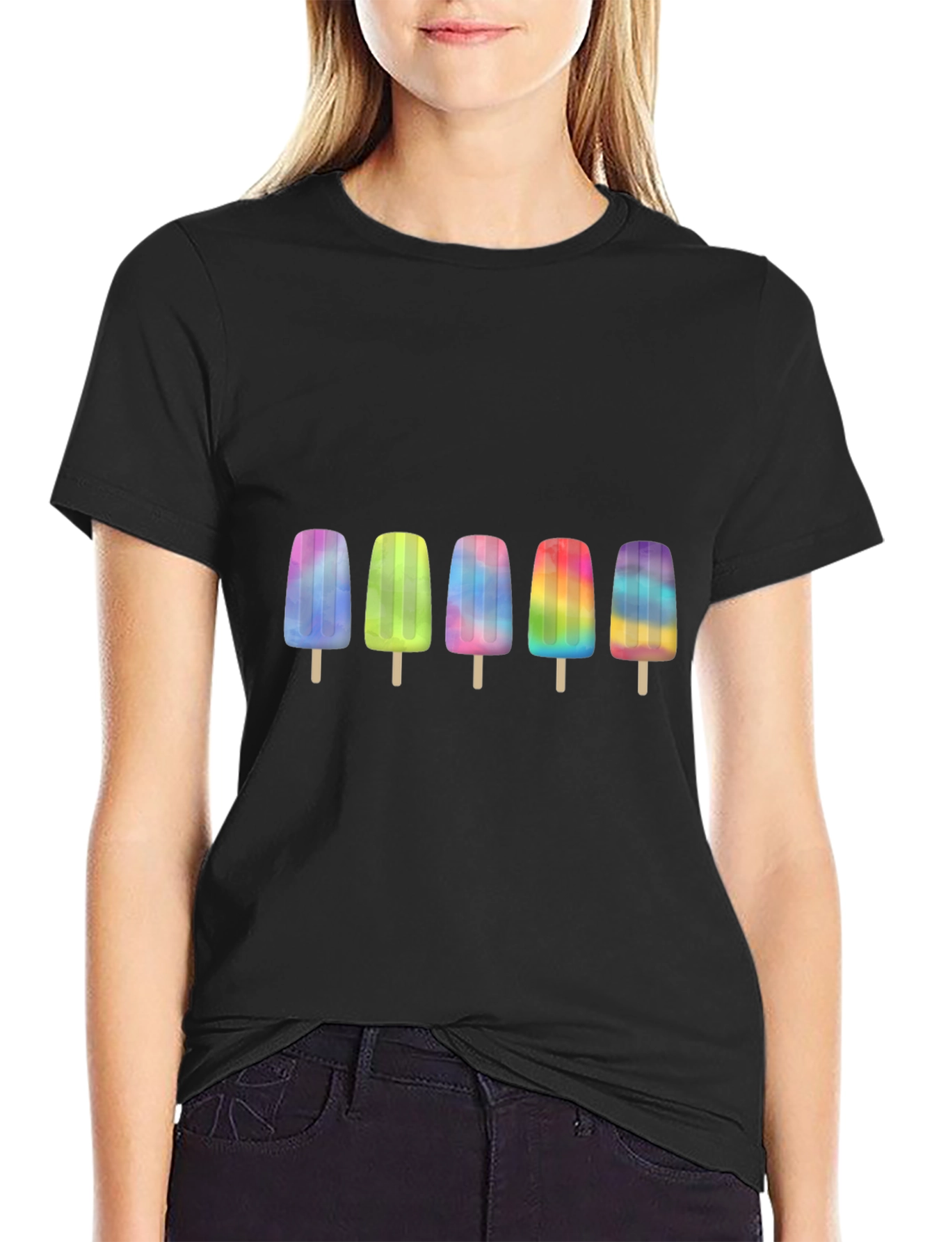Rainbow Popsicle Graphic Black T-Shirt