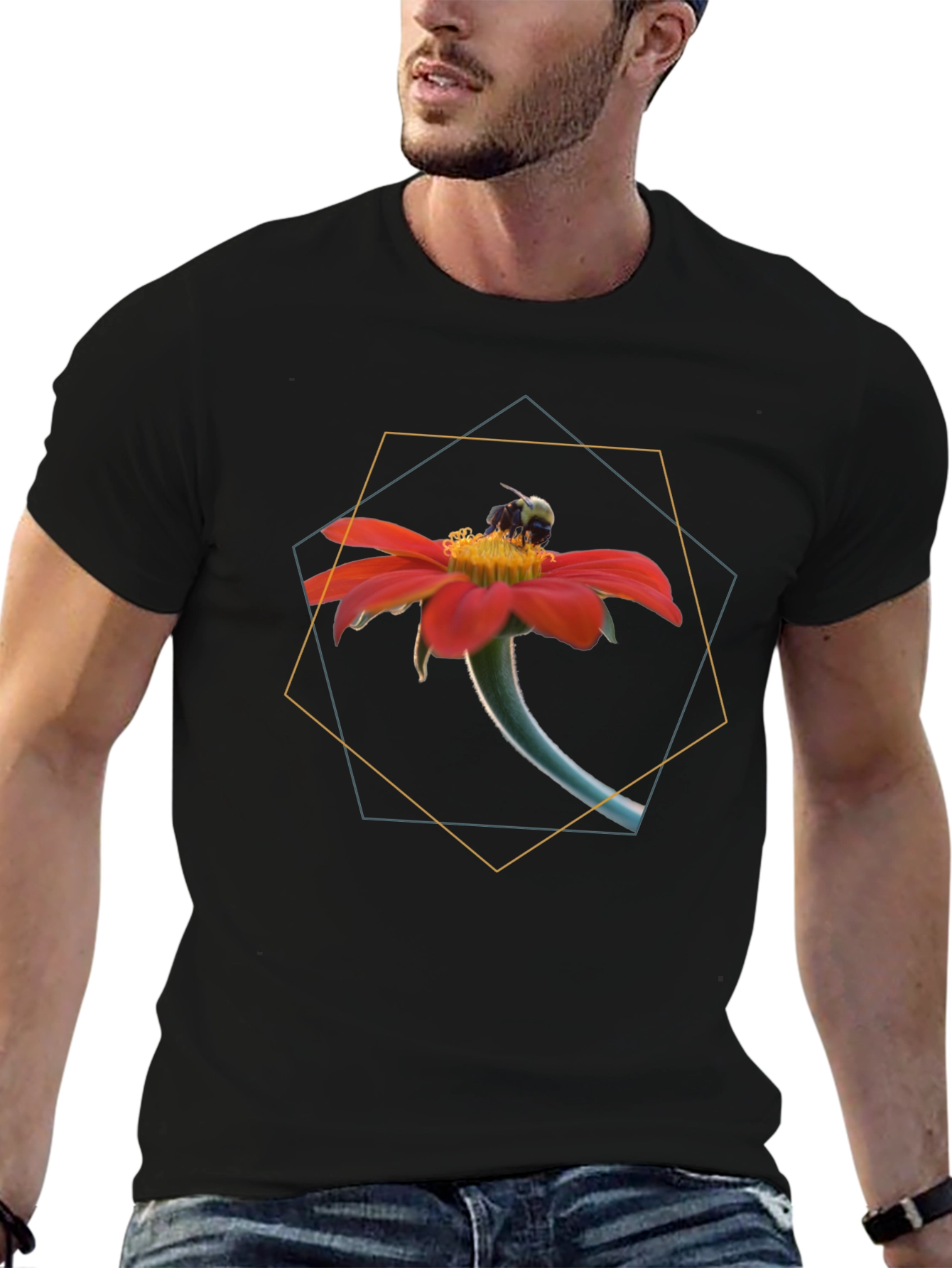 Bee on Flower Graphic Black T-Shirt