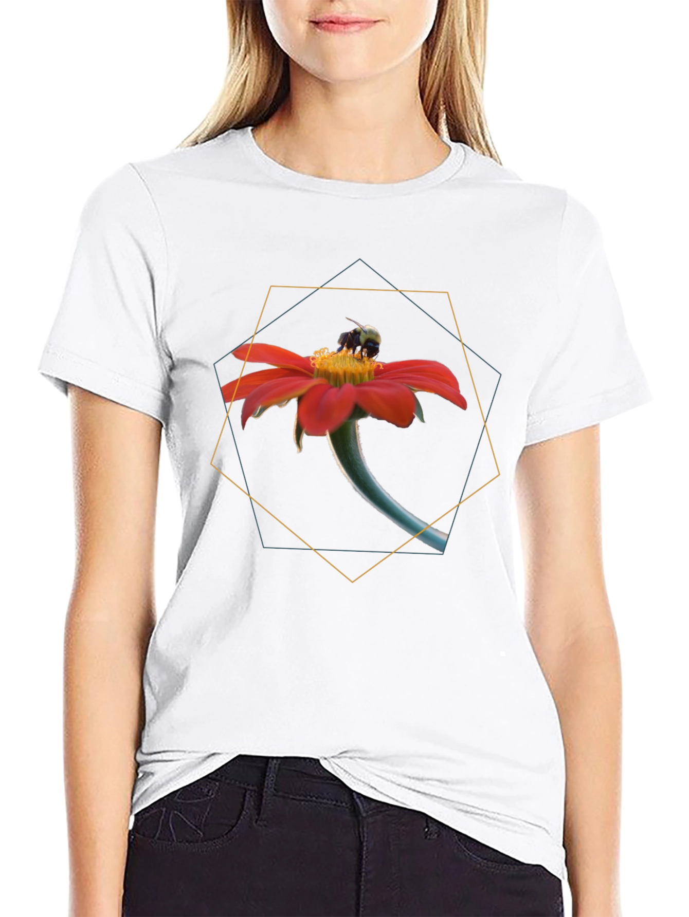Bee on Flower Graphic Black T-Shirt
