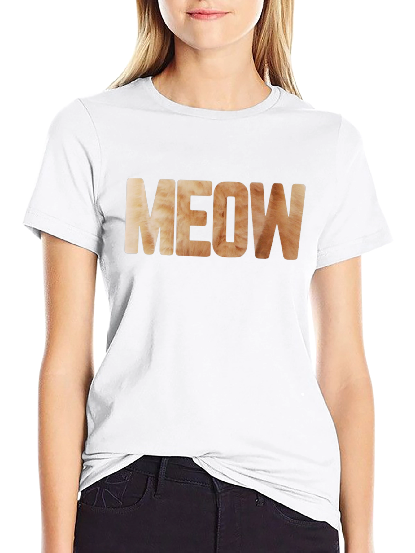 Meow Cat Fur Print Black T-Shirt