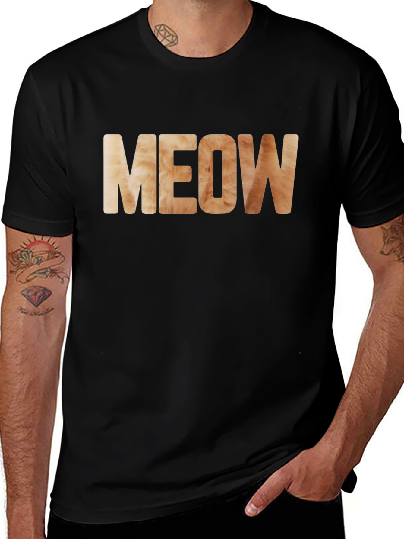 Meow Cat Fur Print Black T-Shirt