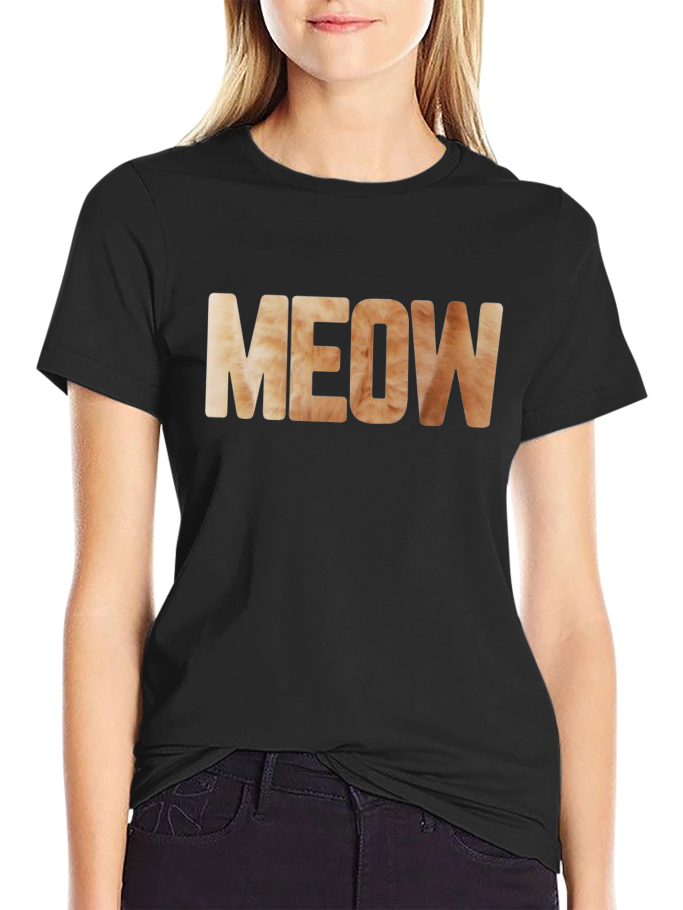 Meow Cat Fur Print Black T-Shirt