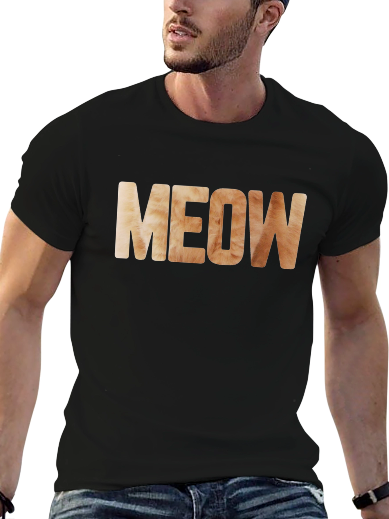 Meow Cat Fur Print Black T-Shirt