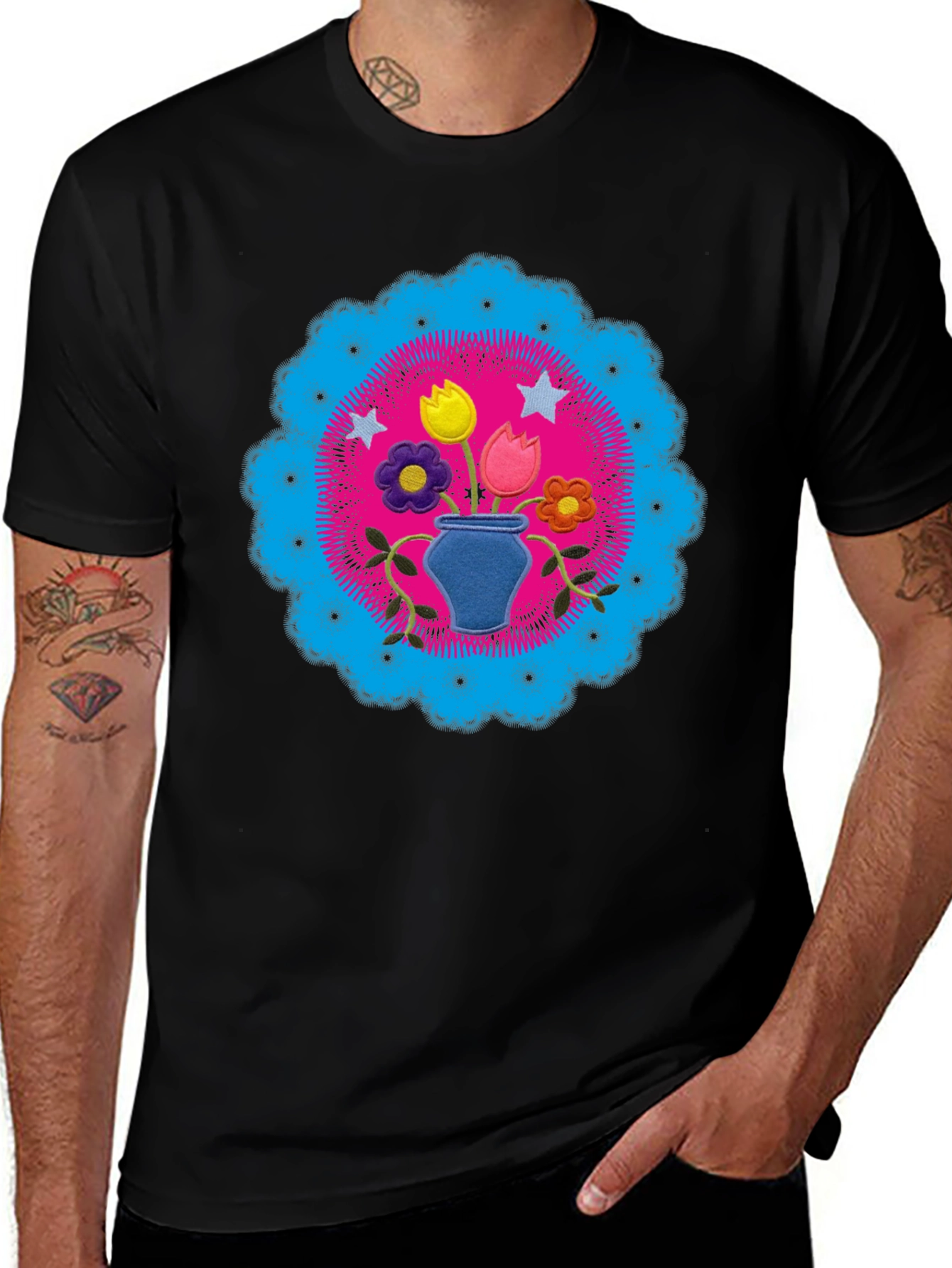 Floral Mandala Graphic Tee - Black Cotton Shirt