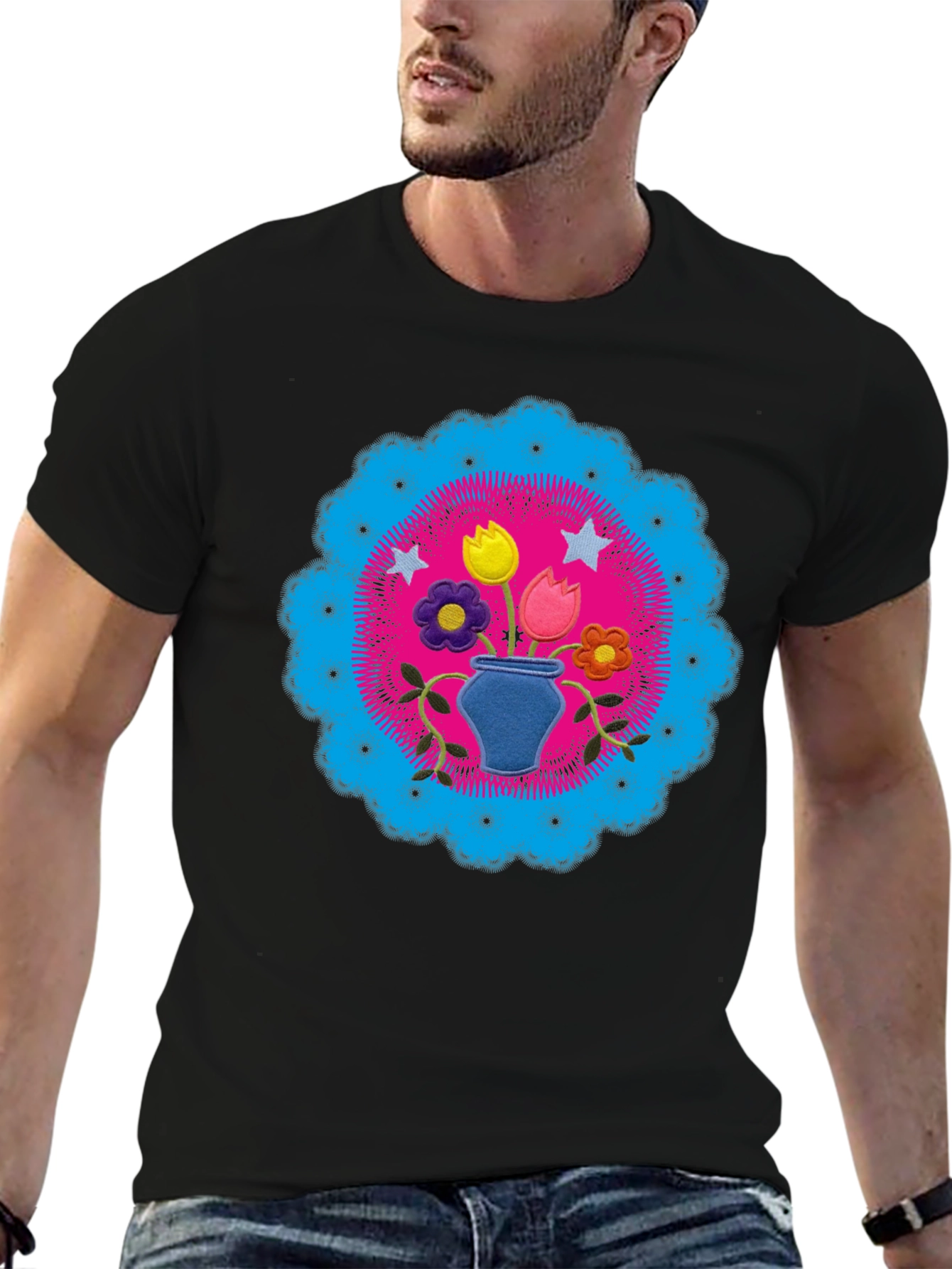 Floral Mandala Graphic Tee - Black Cotton Shirt