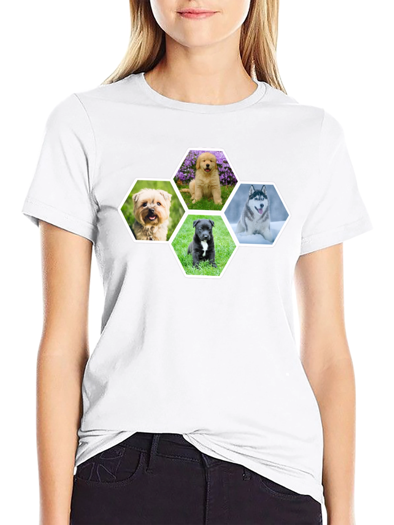 Dog Breed Hexagon Collage Black T-Shirt