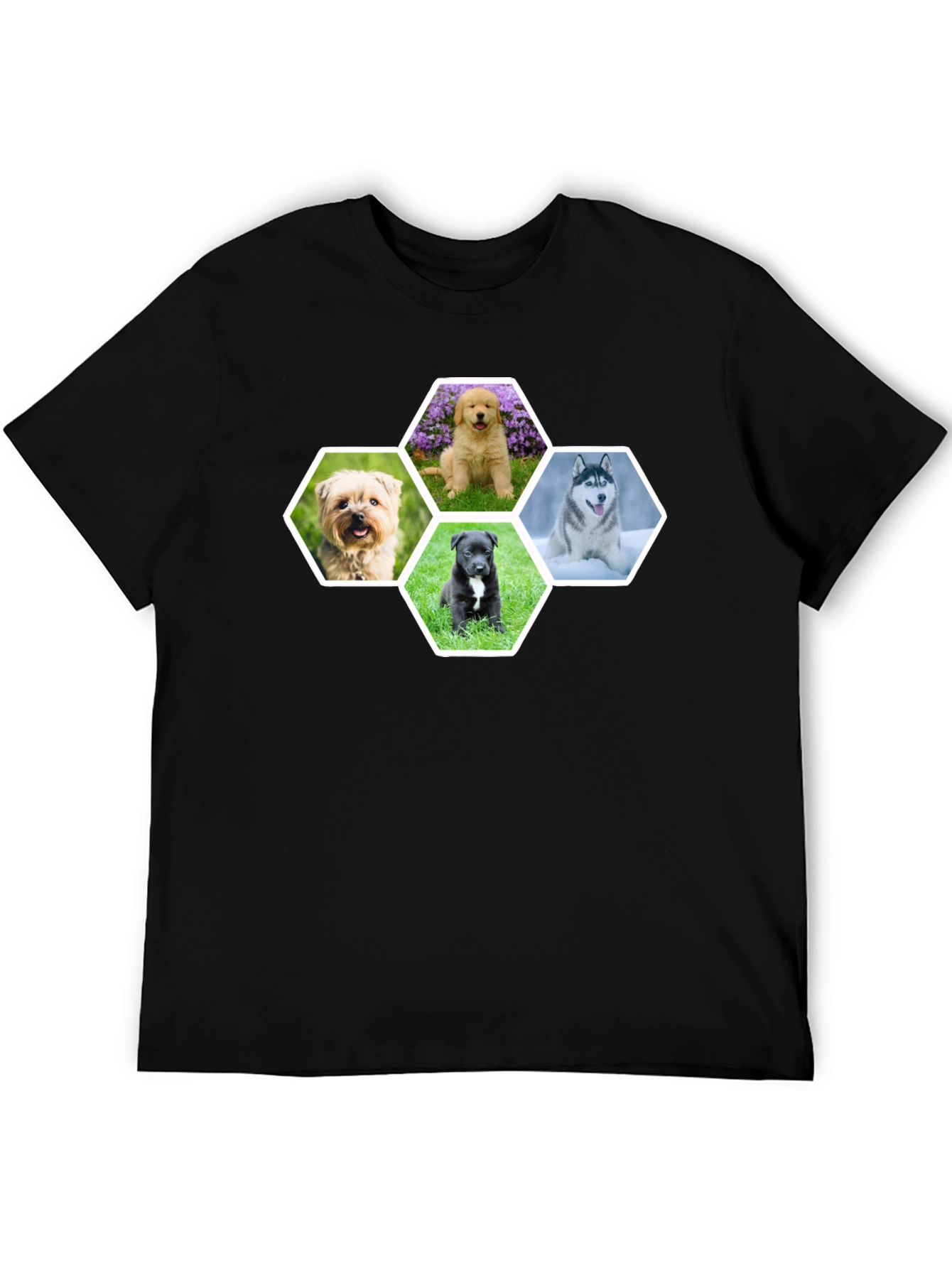 Dog Breed Hexagon Collage Black T-Shirt