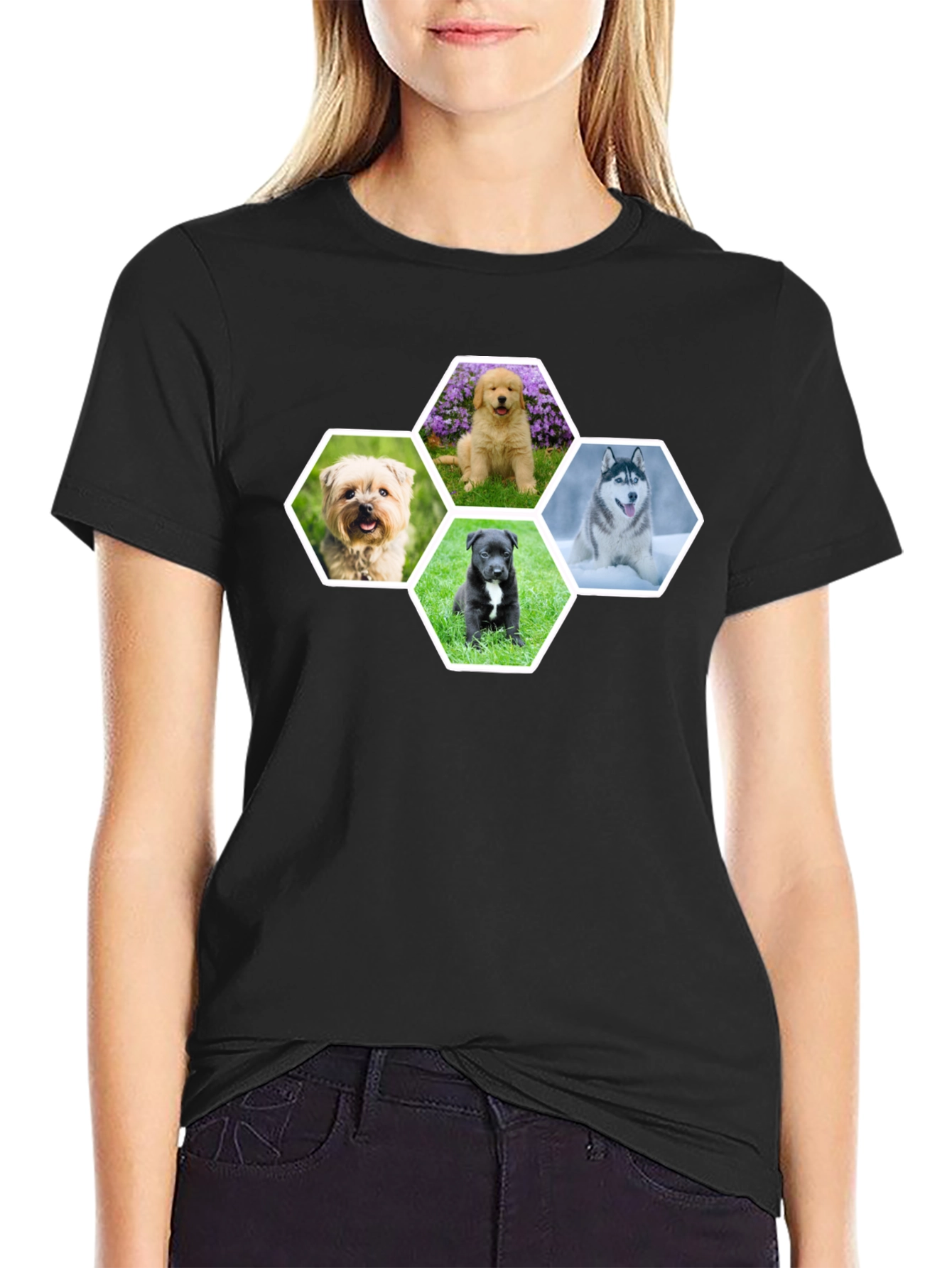 Dog Breed Hexagon Collage Black T-Shirt