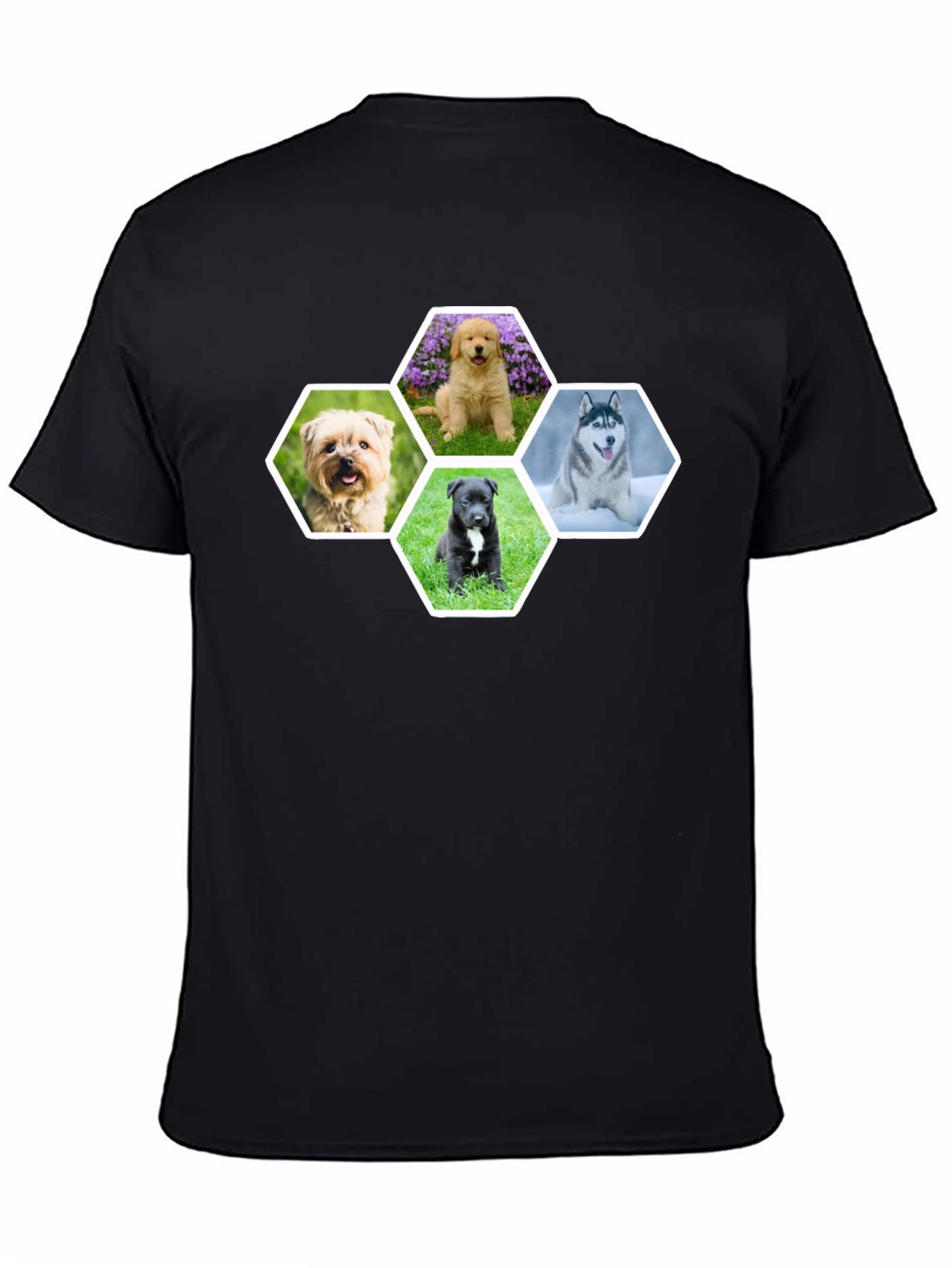 Dog Breed Hexagon Collage Black T-Shirt