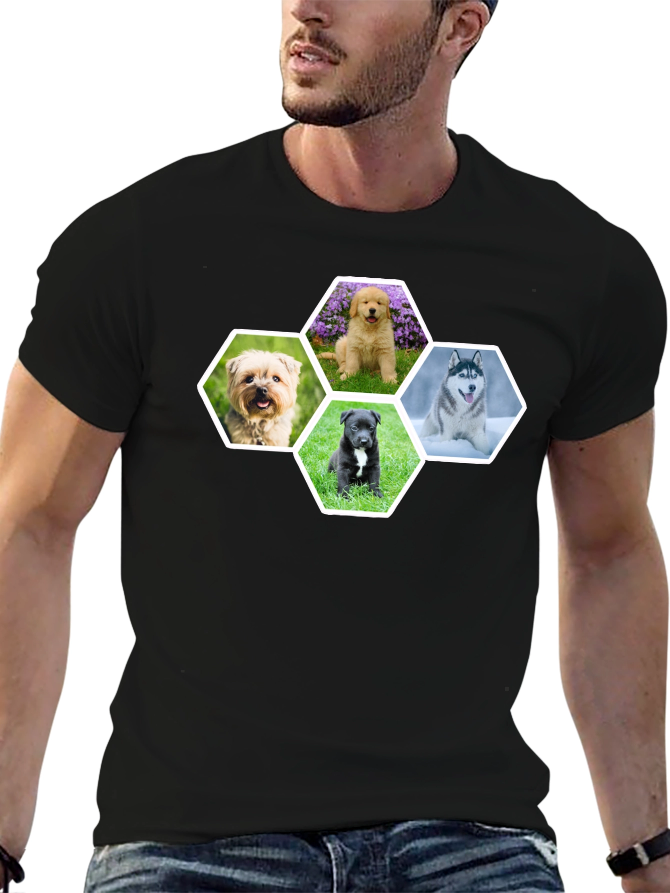Dog Breed Hexagon Collage Black T-Shirt