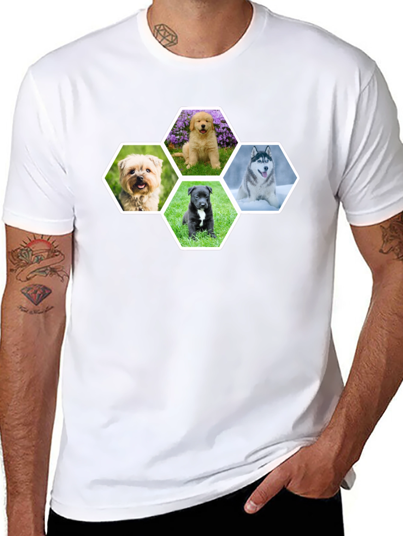 Dog Breed Hexagon Collage Black T-Shirt