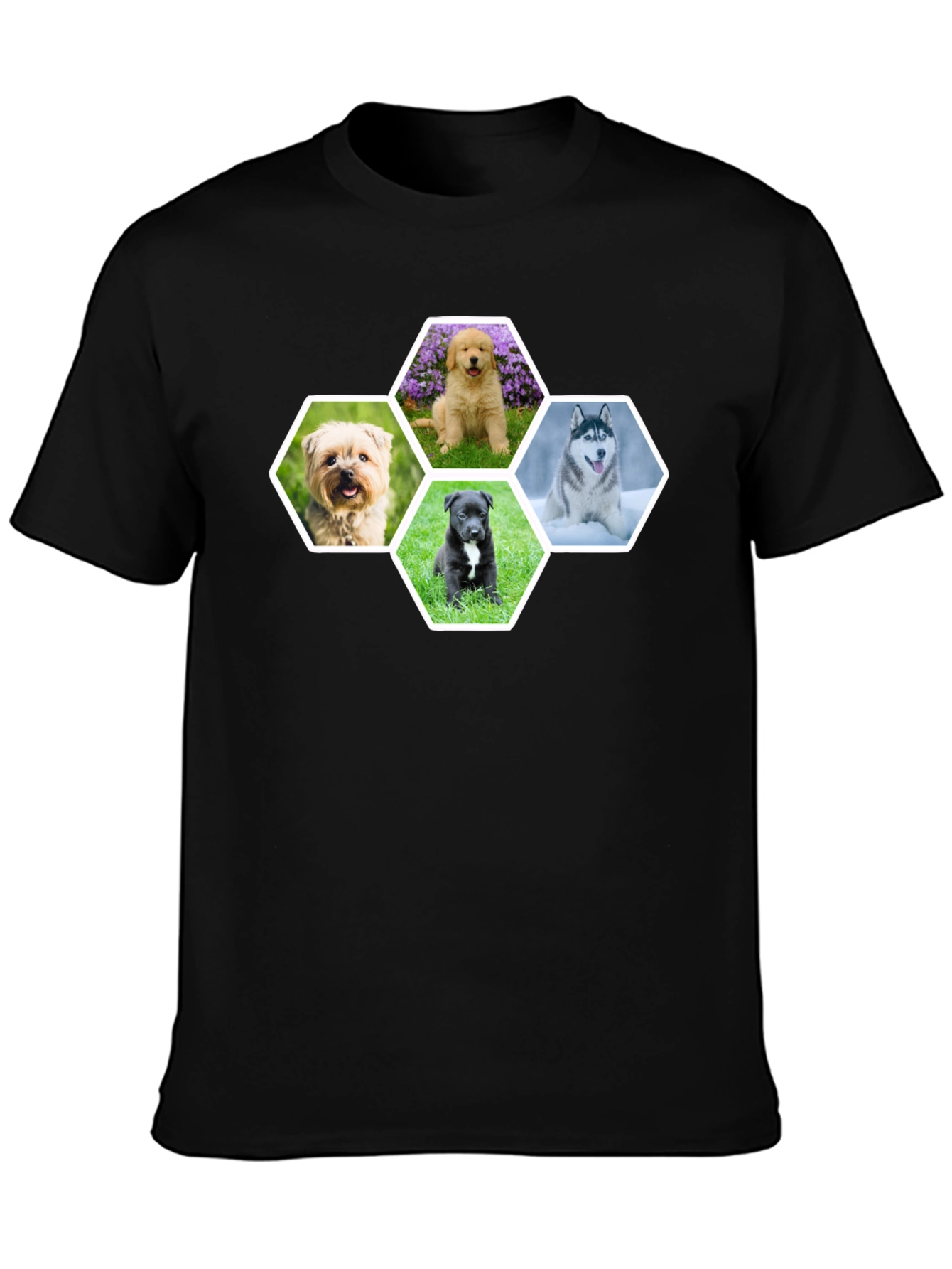 Dog Breed Hexagon Collage Black T-Shirt