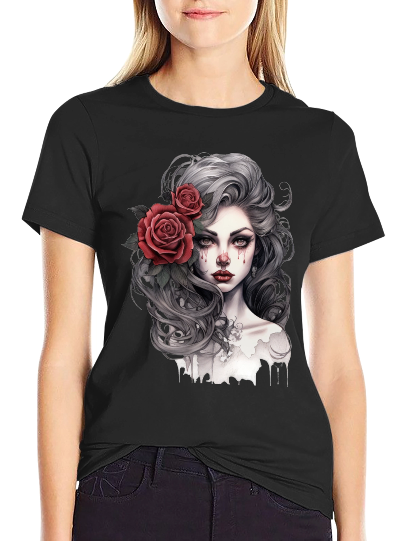 Gothic Rose Woman Graphic Print Black Tee