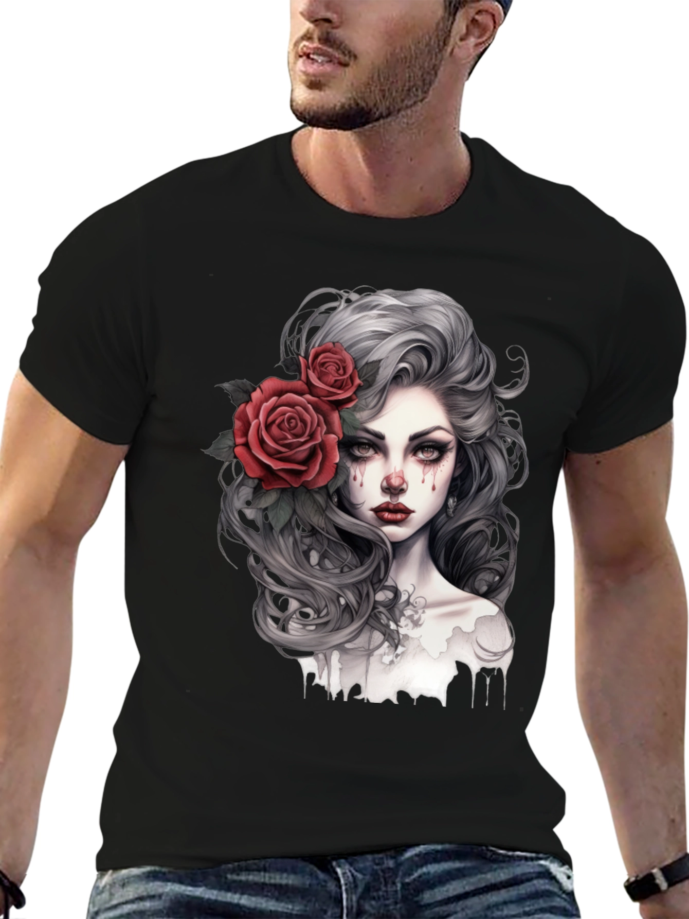 Gothic Rose Woman Graphic Print Black Tee