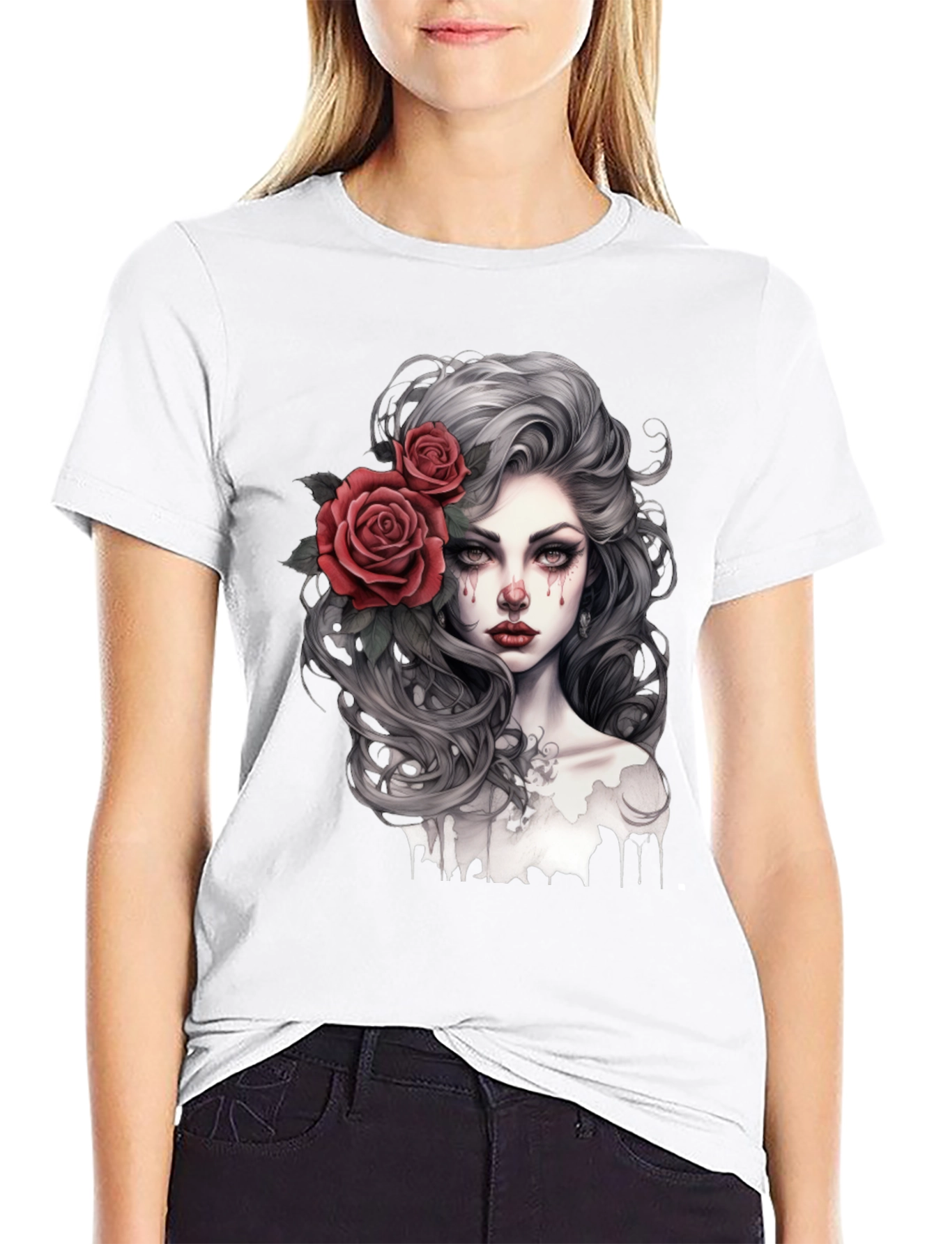 Gothic Rose Woman Graphic Print Black Tee
