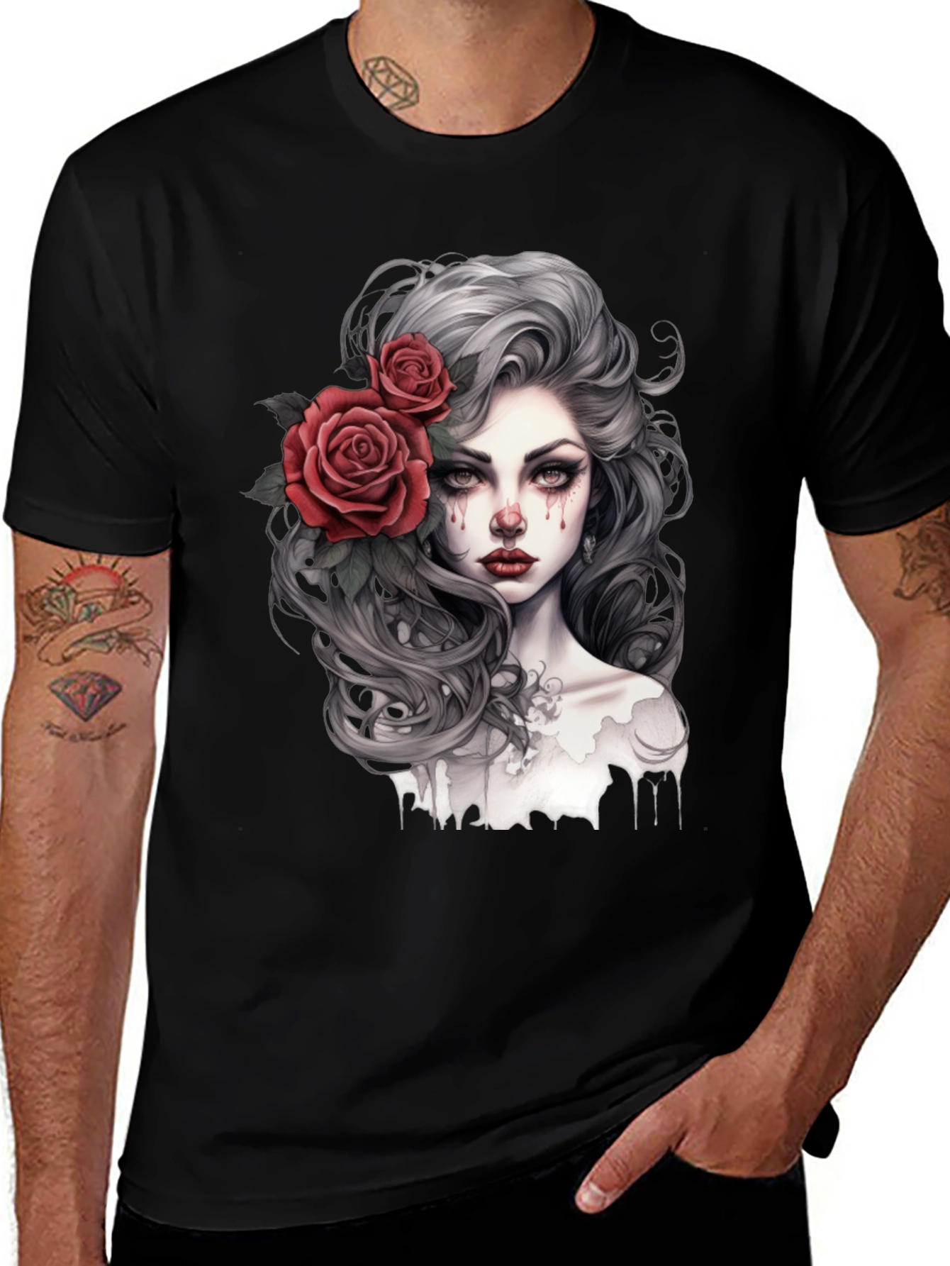 Gothic Rose Woman Graphic Print Black Tee