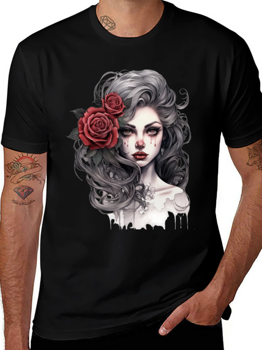 Gothic Rose Woman Graphic Print Black Tee