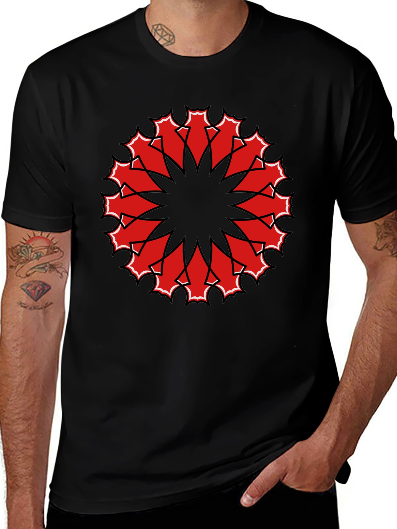 Black Tee with Red Geometric Mandala Design
