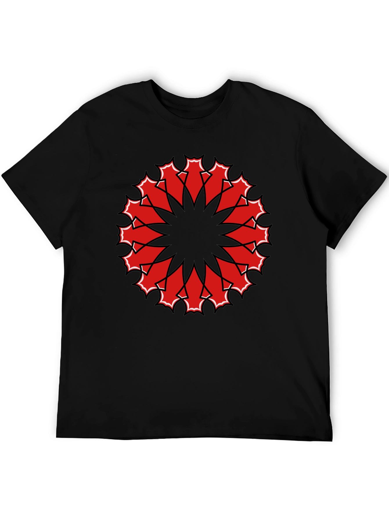 Black Tee with Red Geometric Mandala Design
