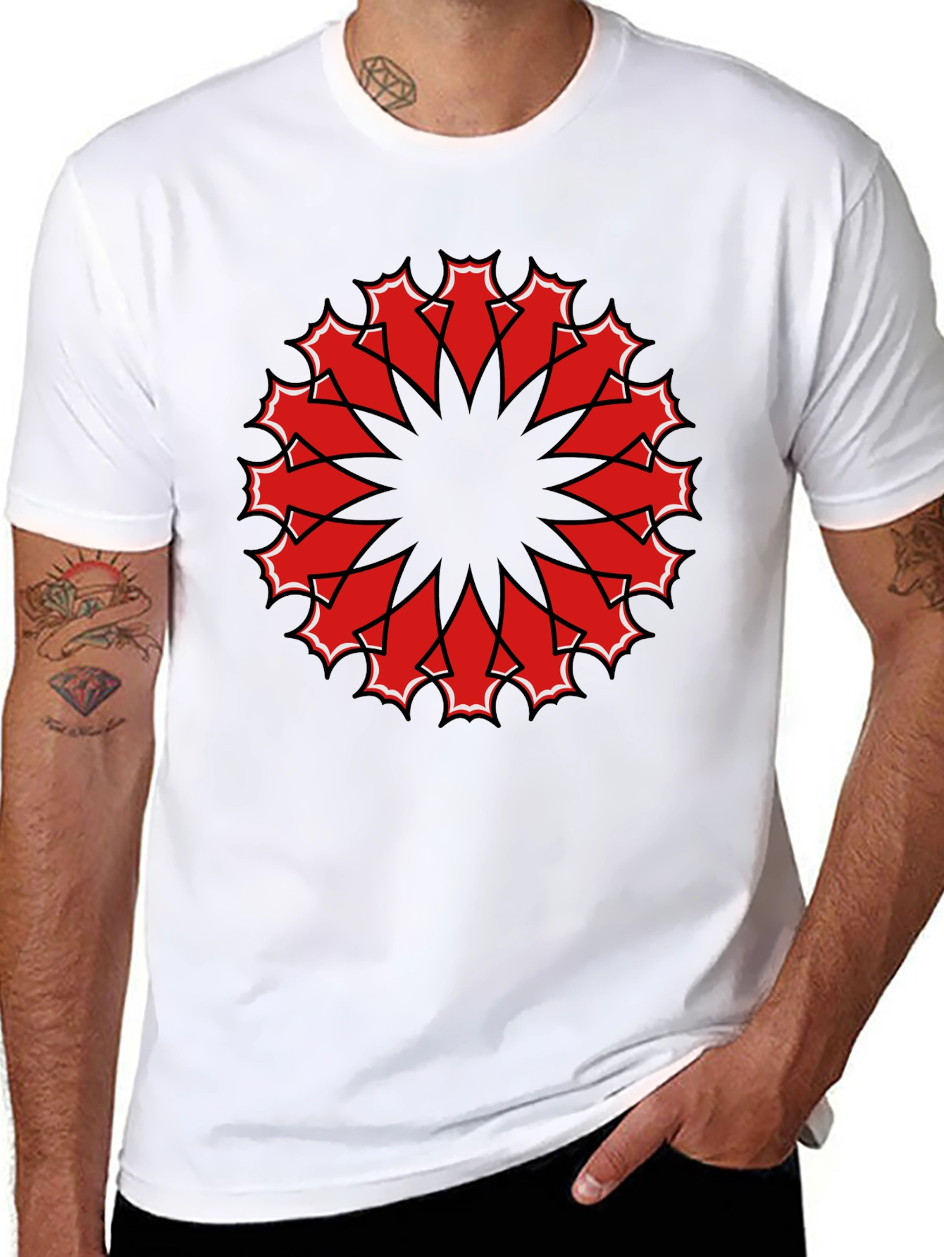 Black Tee with Red Geometric Mandala Design