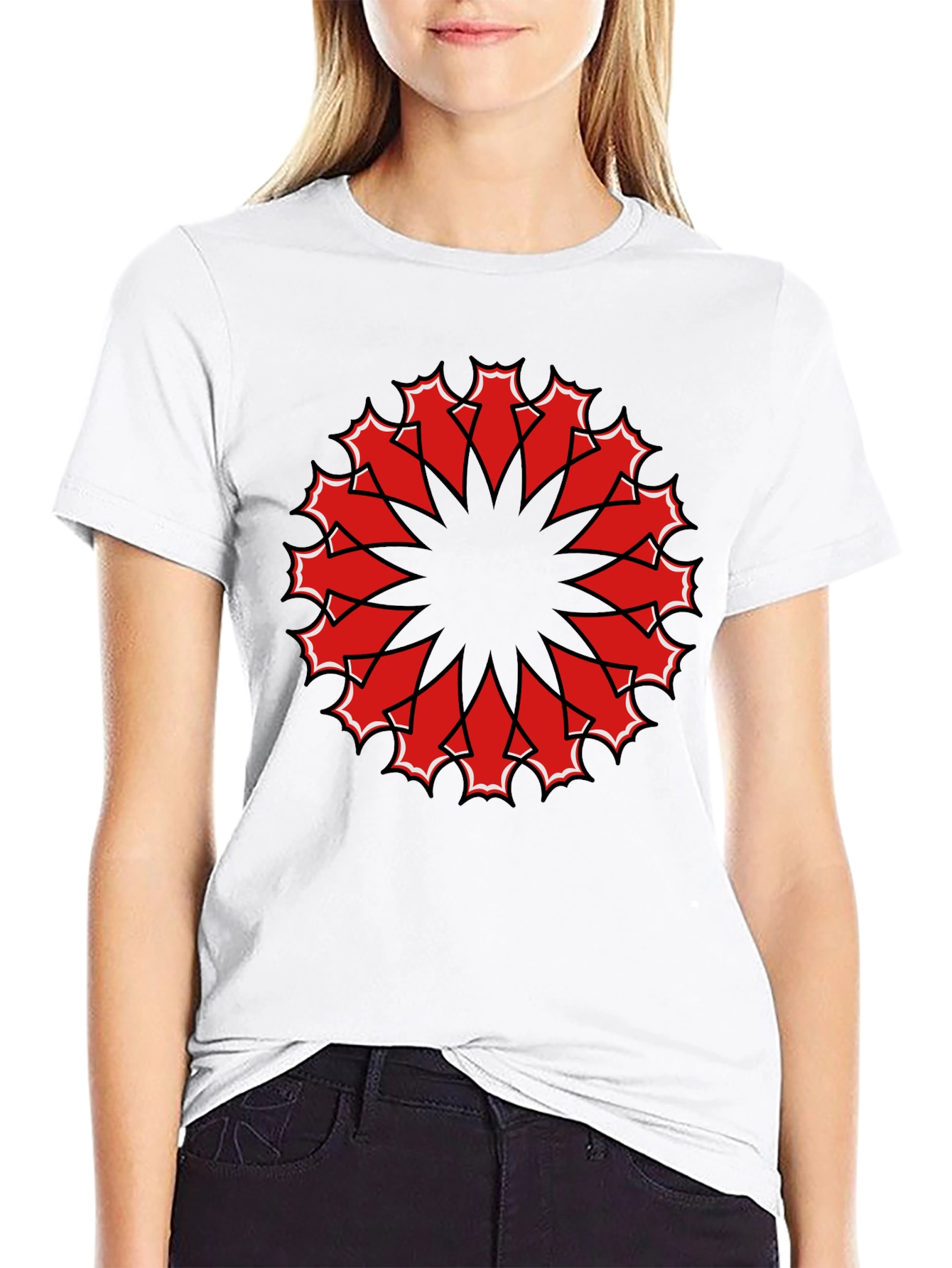 Black Tee with Red Geometric Mandala Design