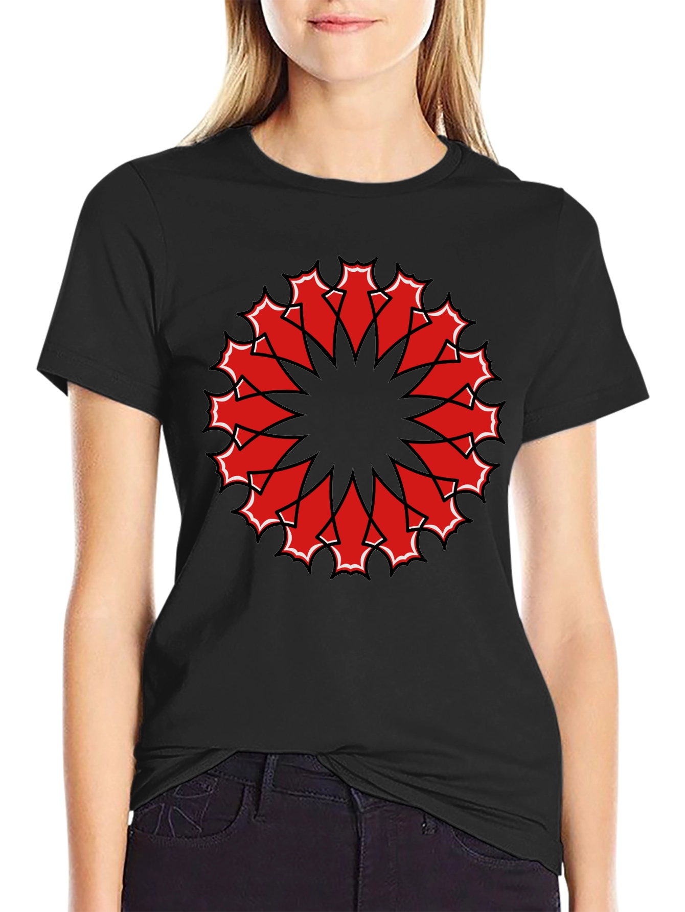 Black Tee with Red Geometric Mandala Design